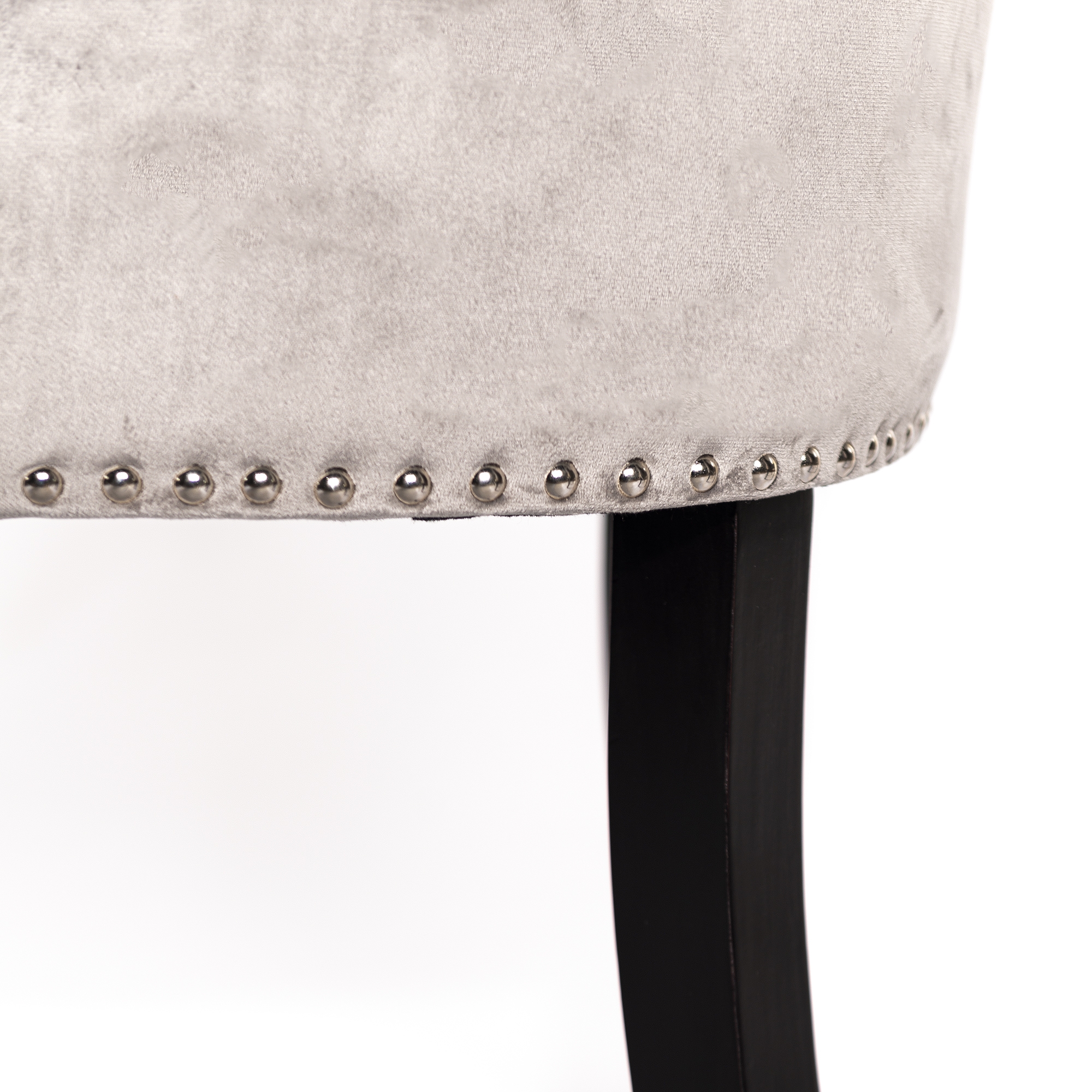 Light Gray Velvet Dining Chair With Knocker and Dark Oak legs