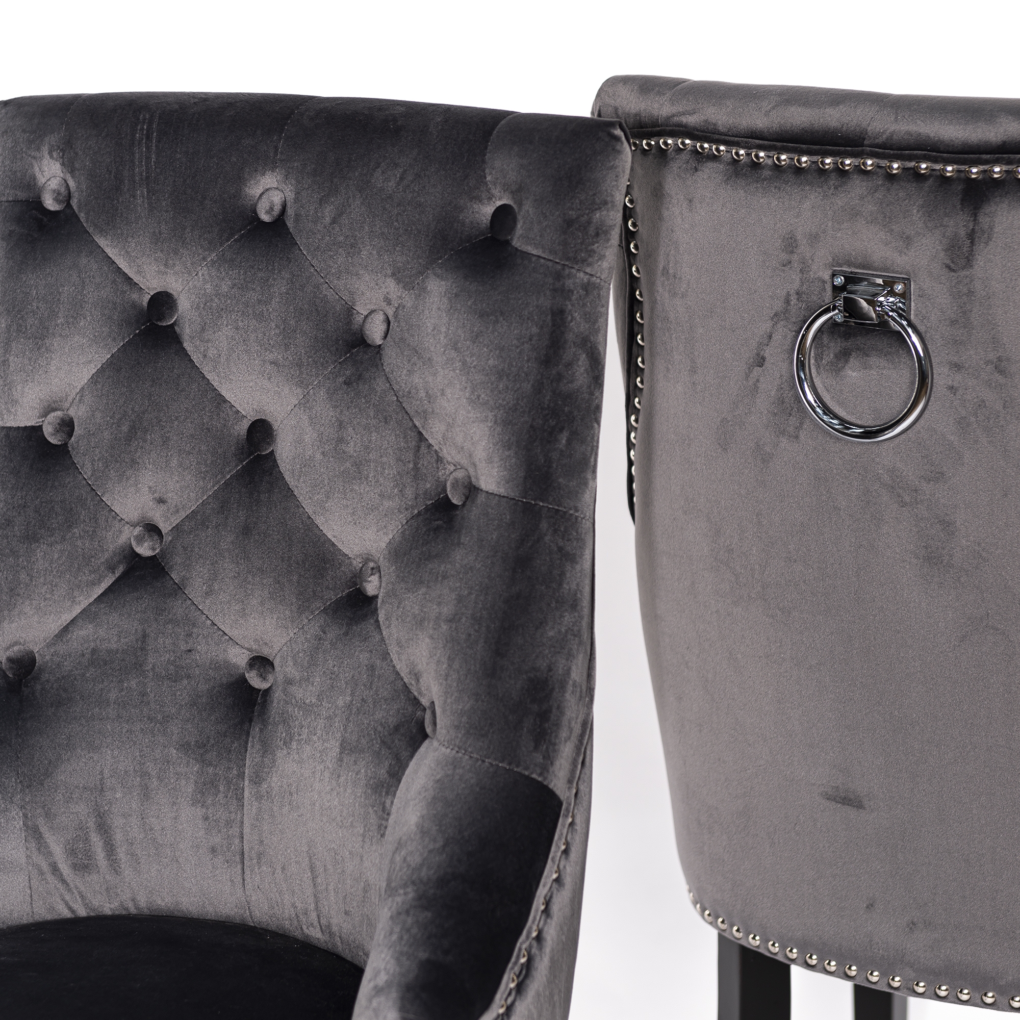 Dark Gray Velvet Dining Chair With Knocker and Dark Oak legs
