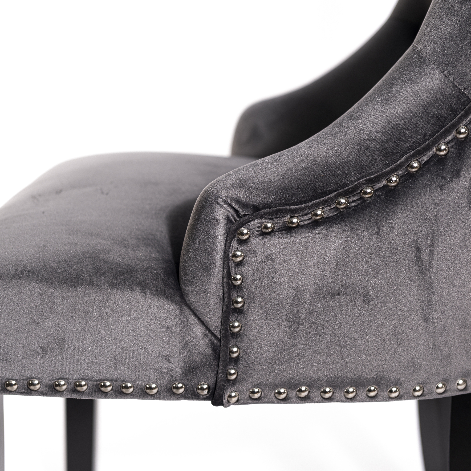 Dark Gray Velvet Dining Chair With Knocker and Dark Oak legs