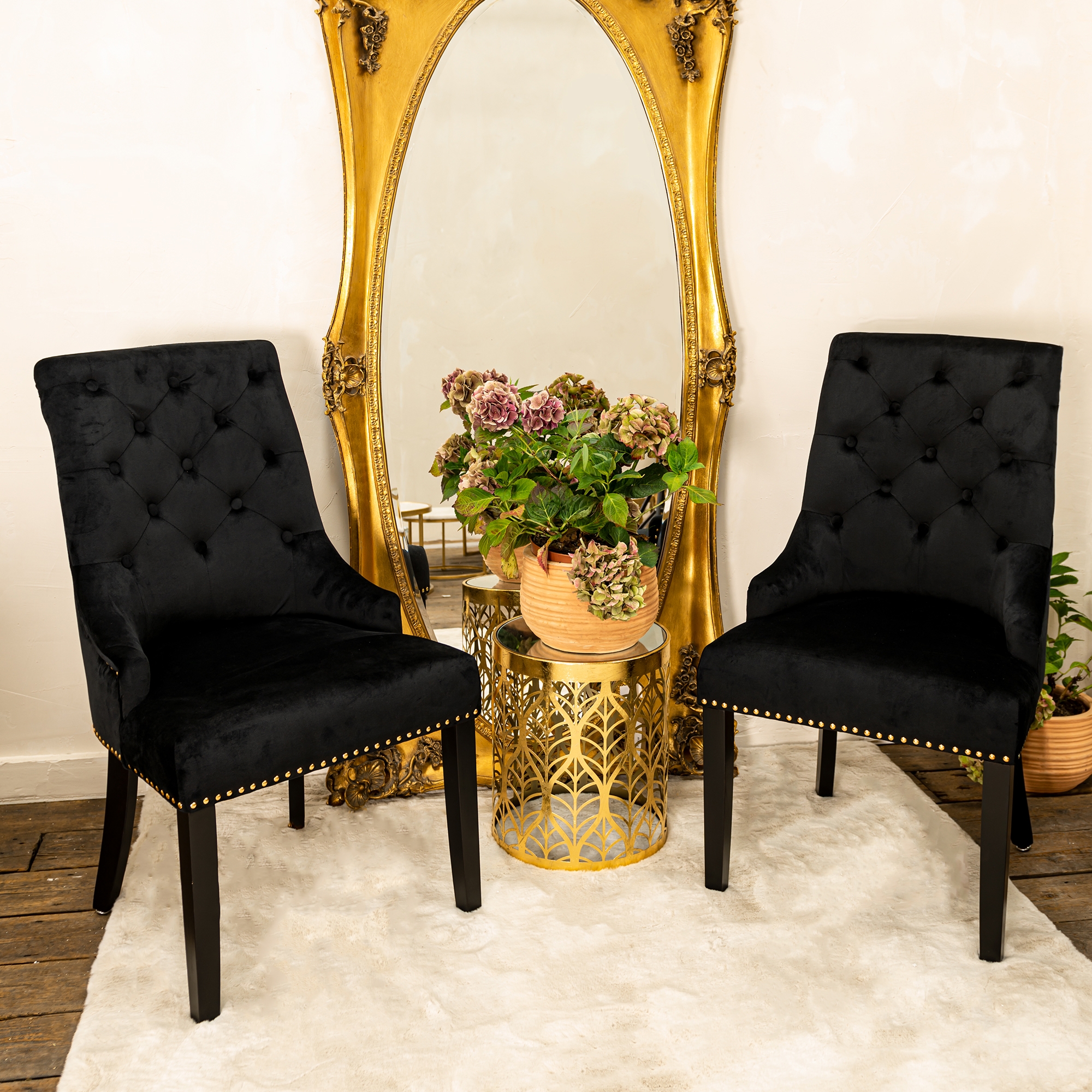 Black Velvet Dining Chair with Gold Chrome Knocker and Studs