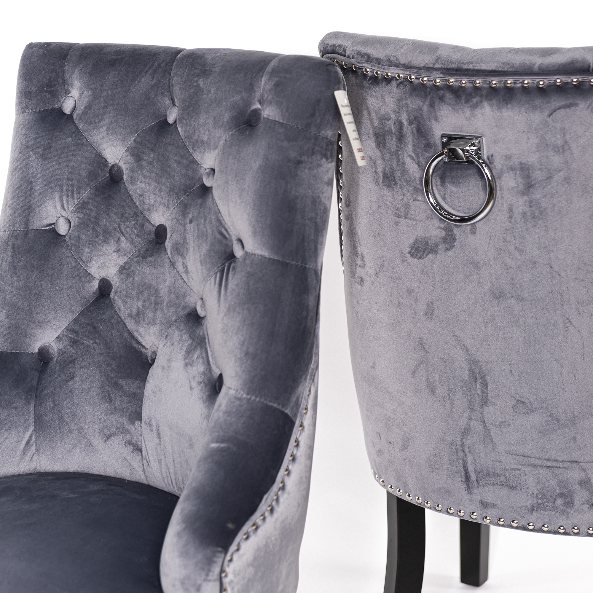 New Gray Velvet Dining Chair With Knocker and Dark Oak legs