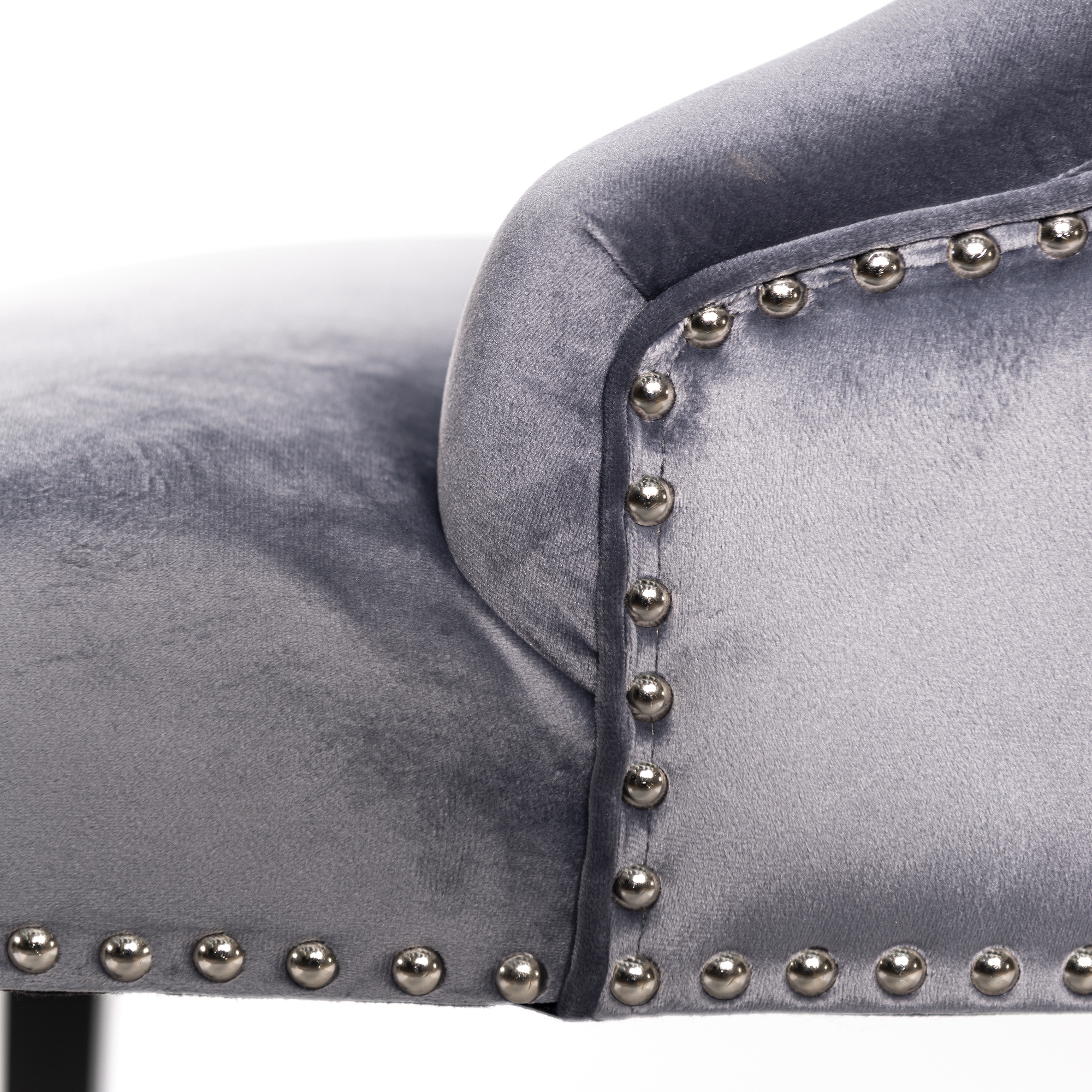 New Gray Velvet Dining Chair With Knocker and Dark Oak legs