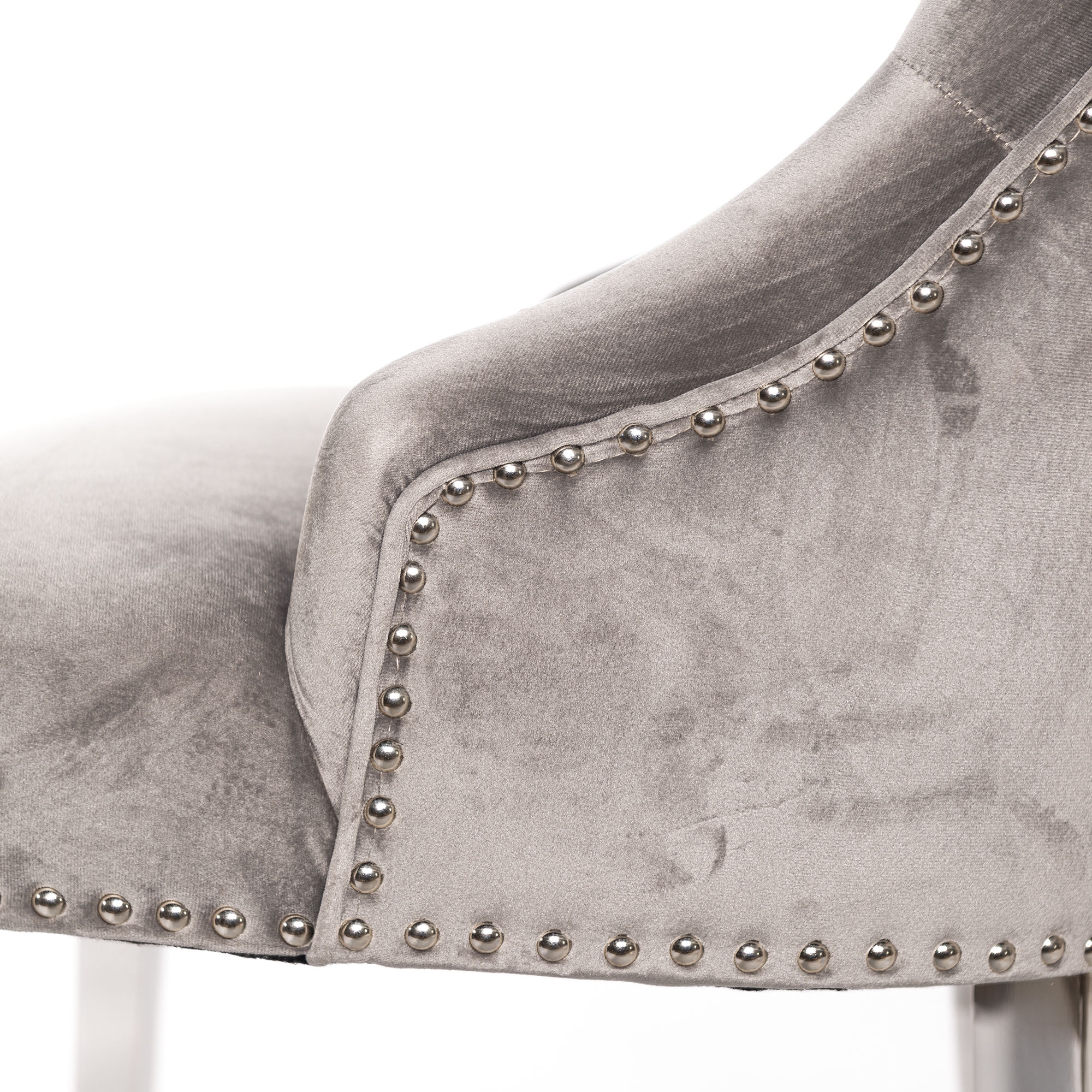 Light Gray Velvet Dining Chair With Knocker and Chrome legs