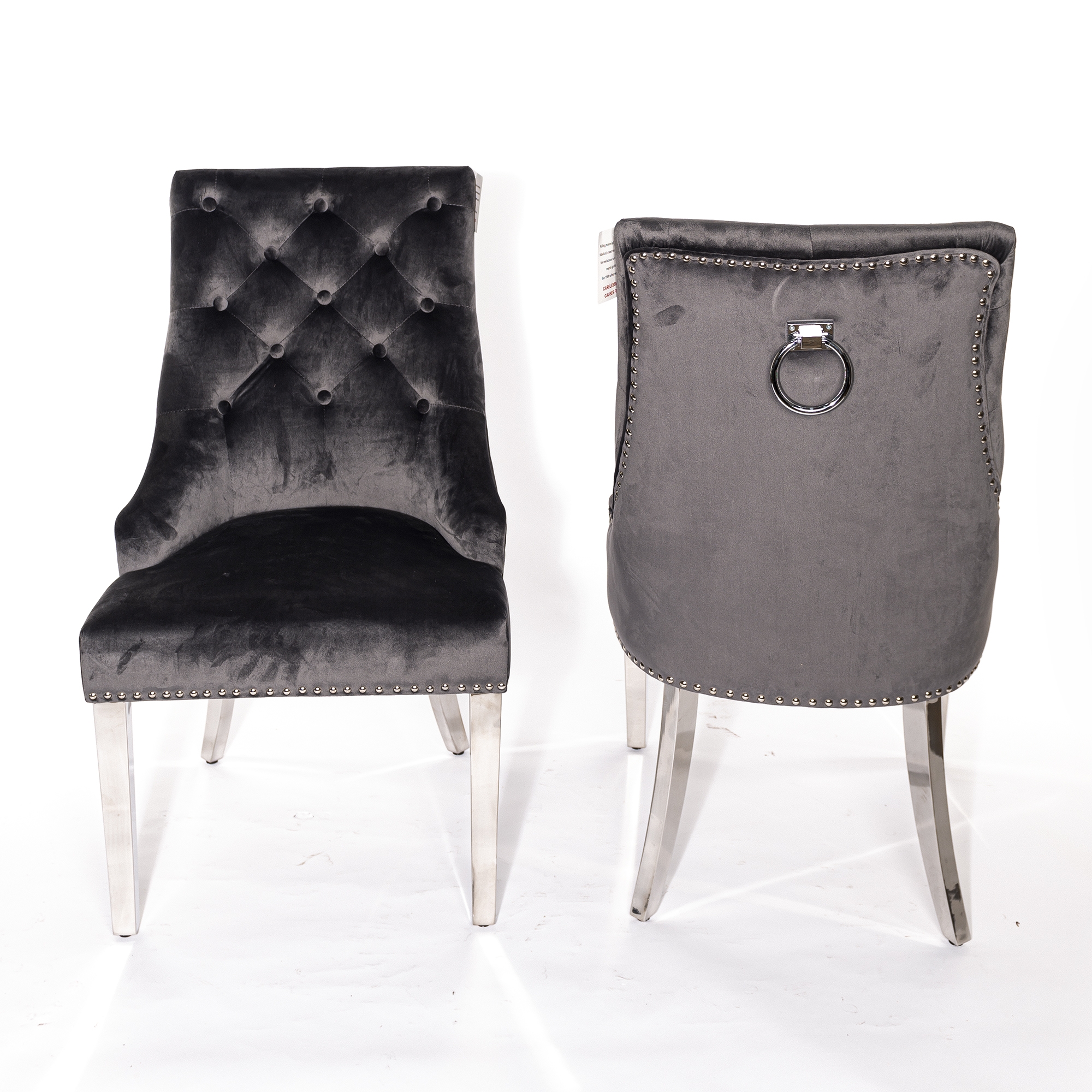 Dark Gray Velvet Dining Chair With Knocker and Chrome legs