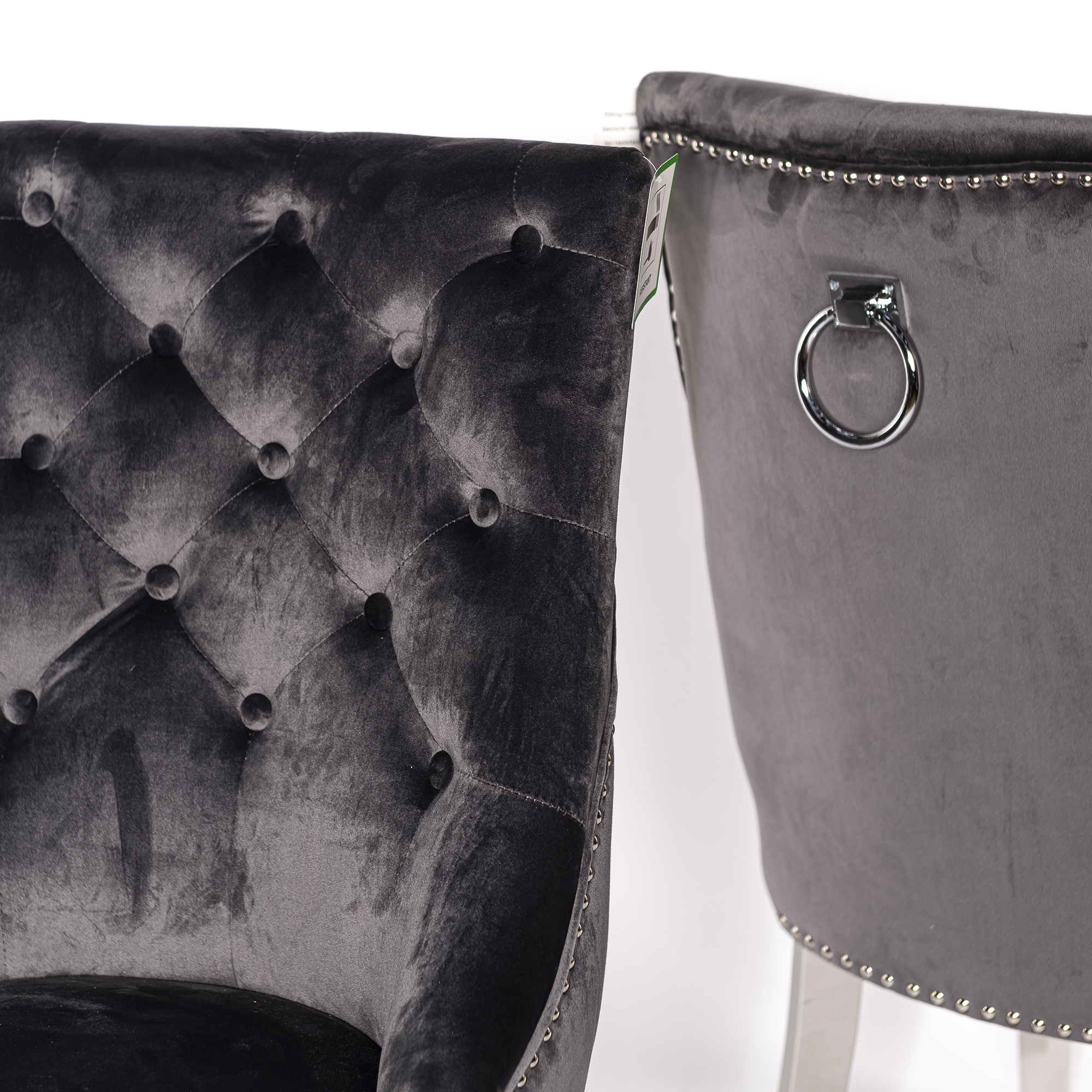 Dark Gray Velvet Dining Chair With Knocker and Chrome legs