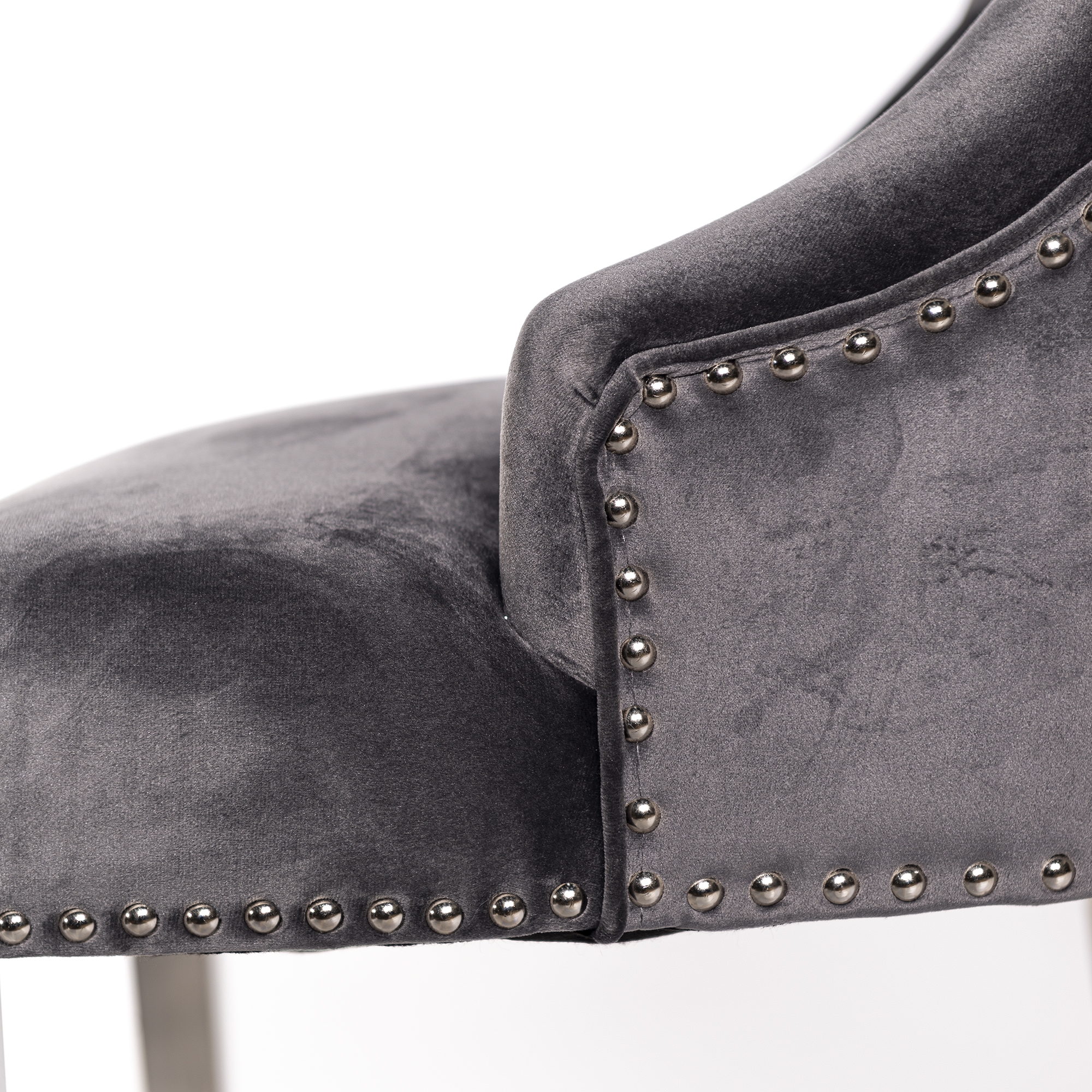 Dark Gray Velvet Dining Chair With Knocker and Chrome legs