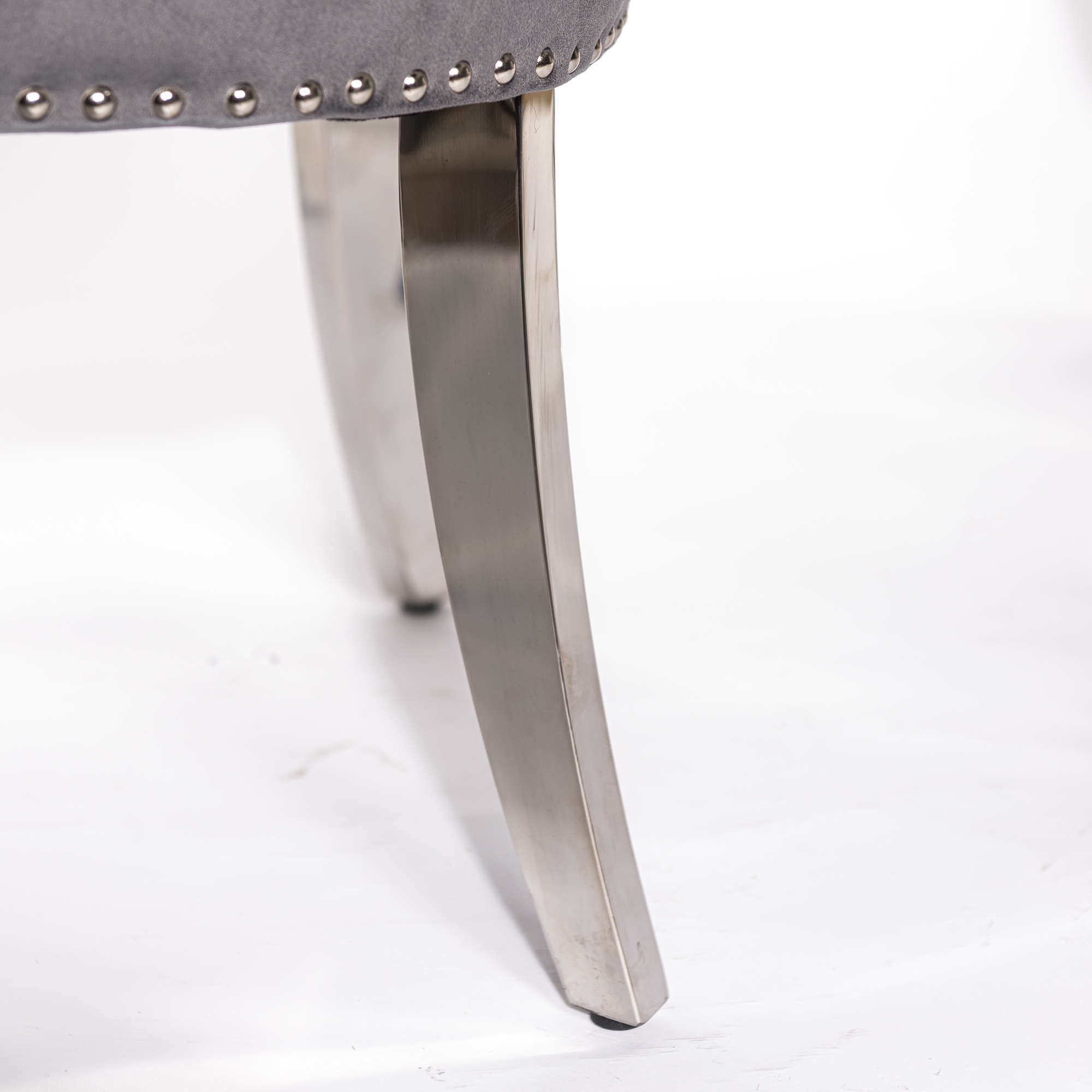 Dark Gray Velvet Dining Chair With Knocker and Chrome legs