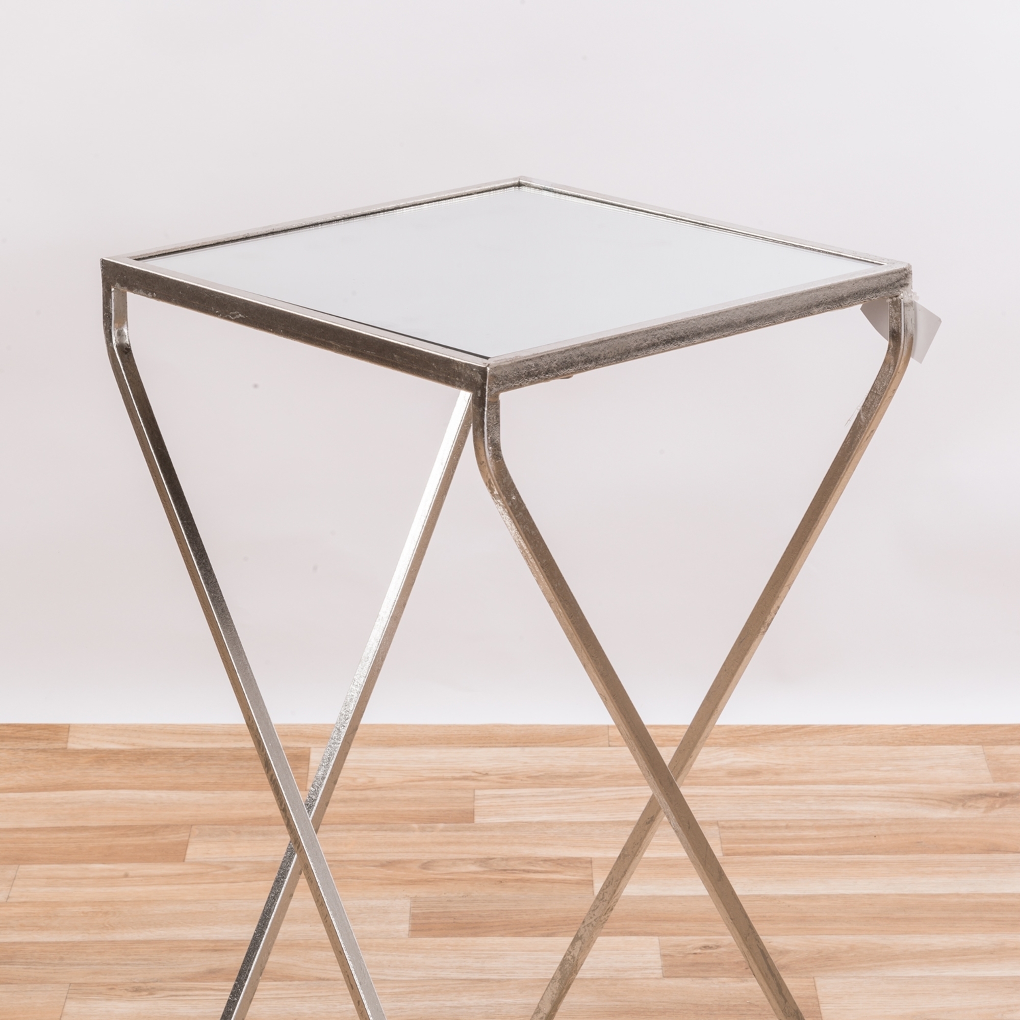 Silver Gilt Leaf Parisienne Square Geometric Metal Mirrored Side Table 