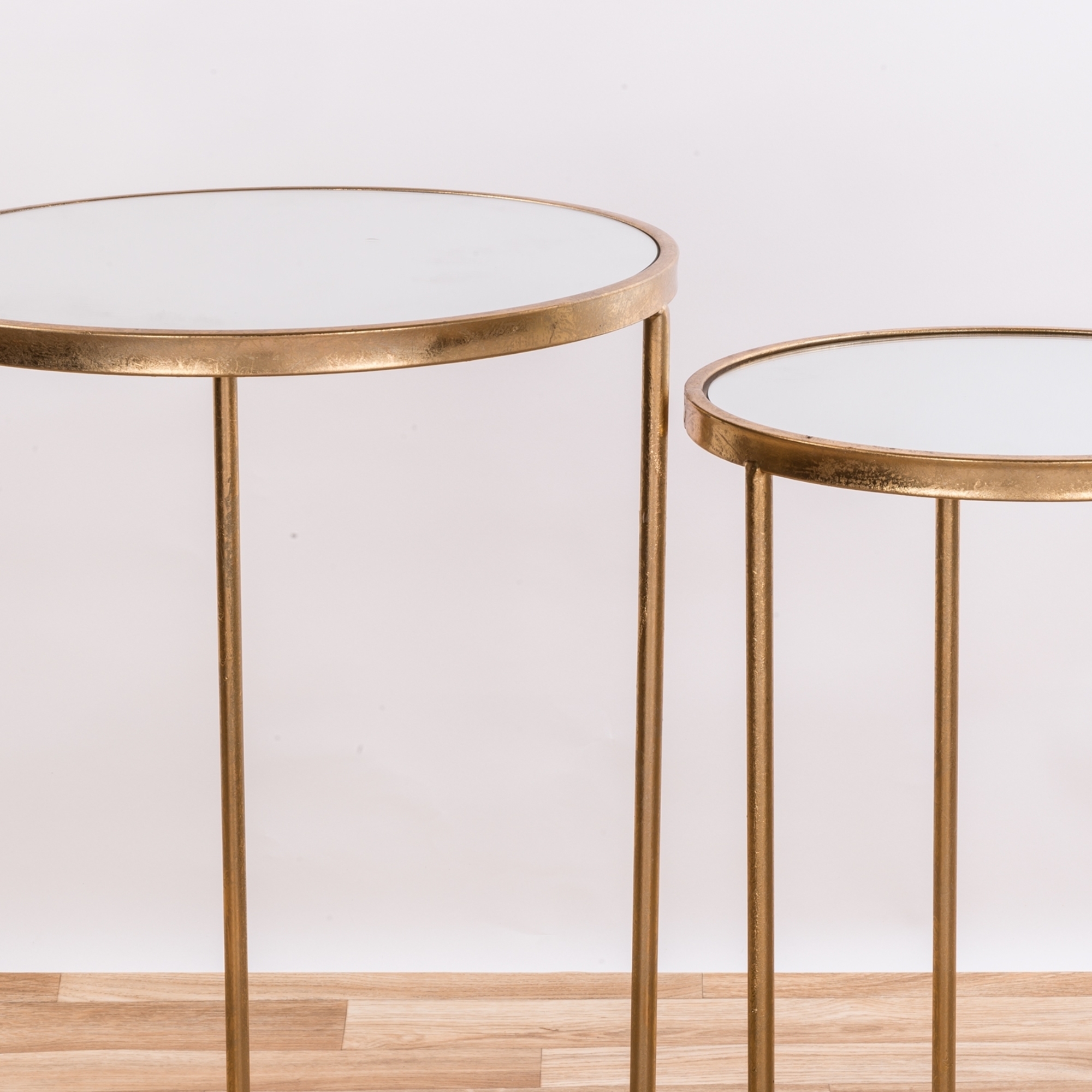 Gold Gilt Leaf Parisienne Metal Set of Two Round Mirrored Nesting Tables
