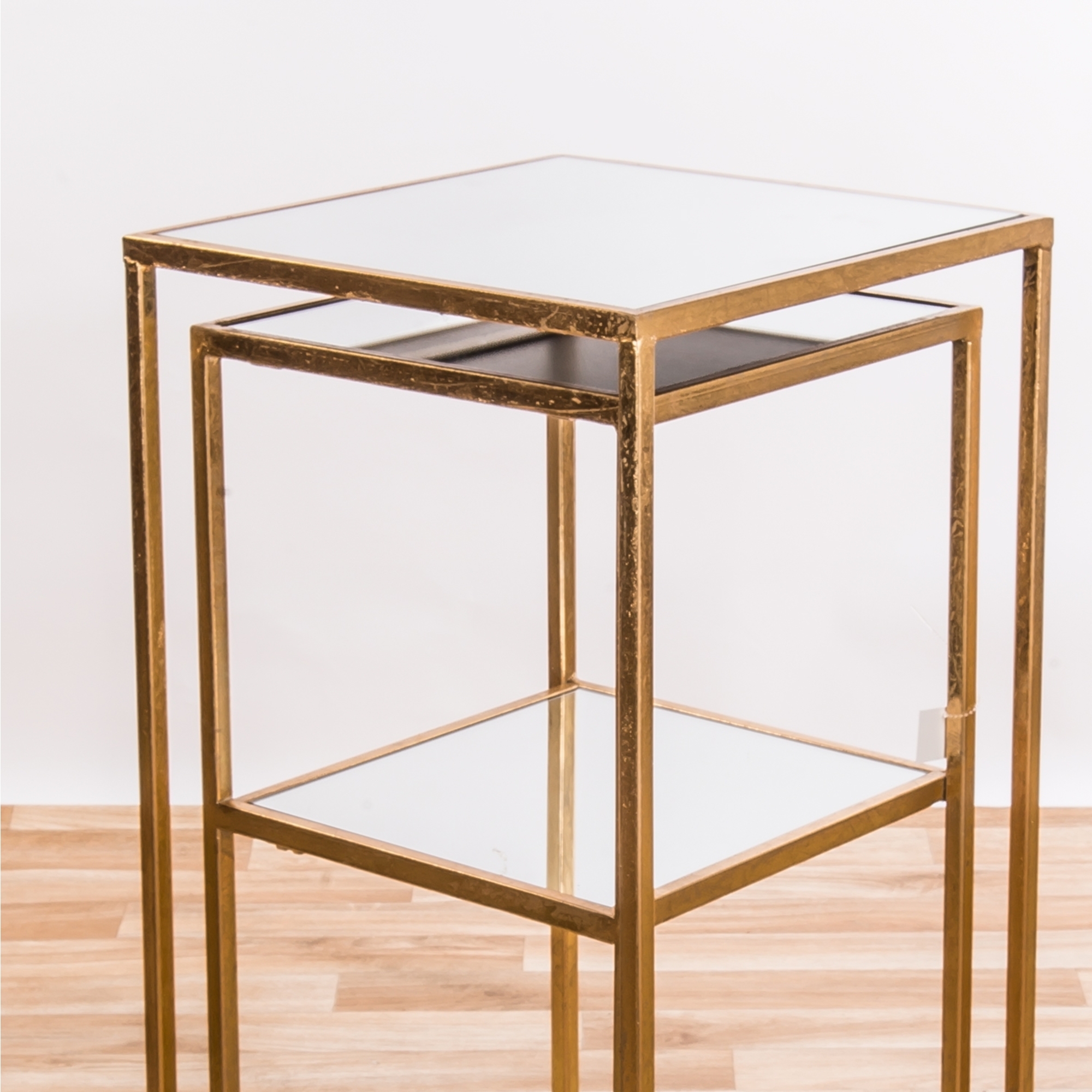 Gold Gilt Leaf Parisienne Metal Set of two Mirrored Nesting Tables
