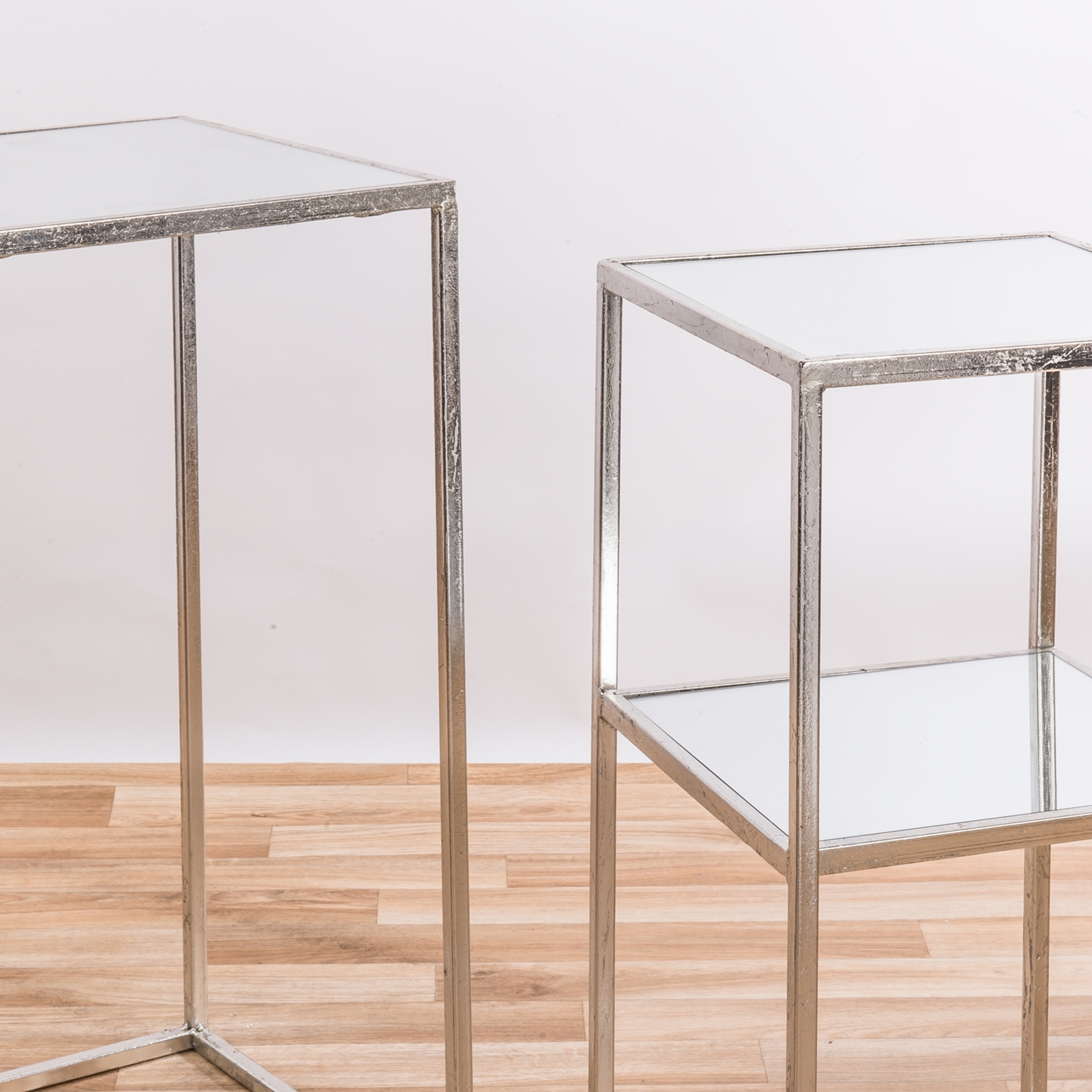 Silver Gilt Leaf Parisienne Metal Set of two Mirrored Nesting Tables