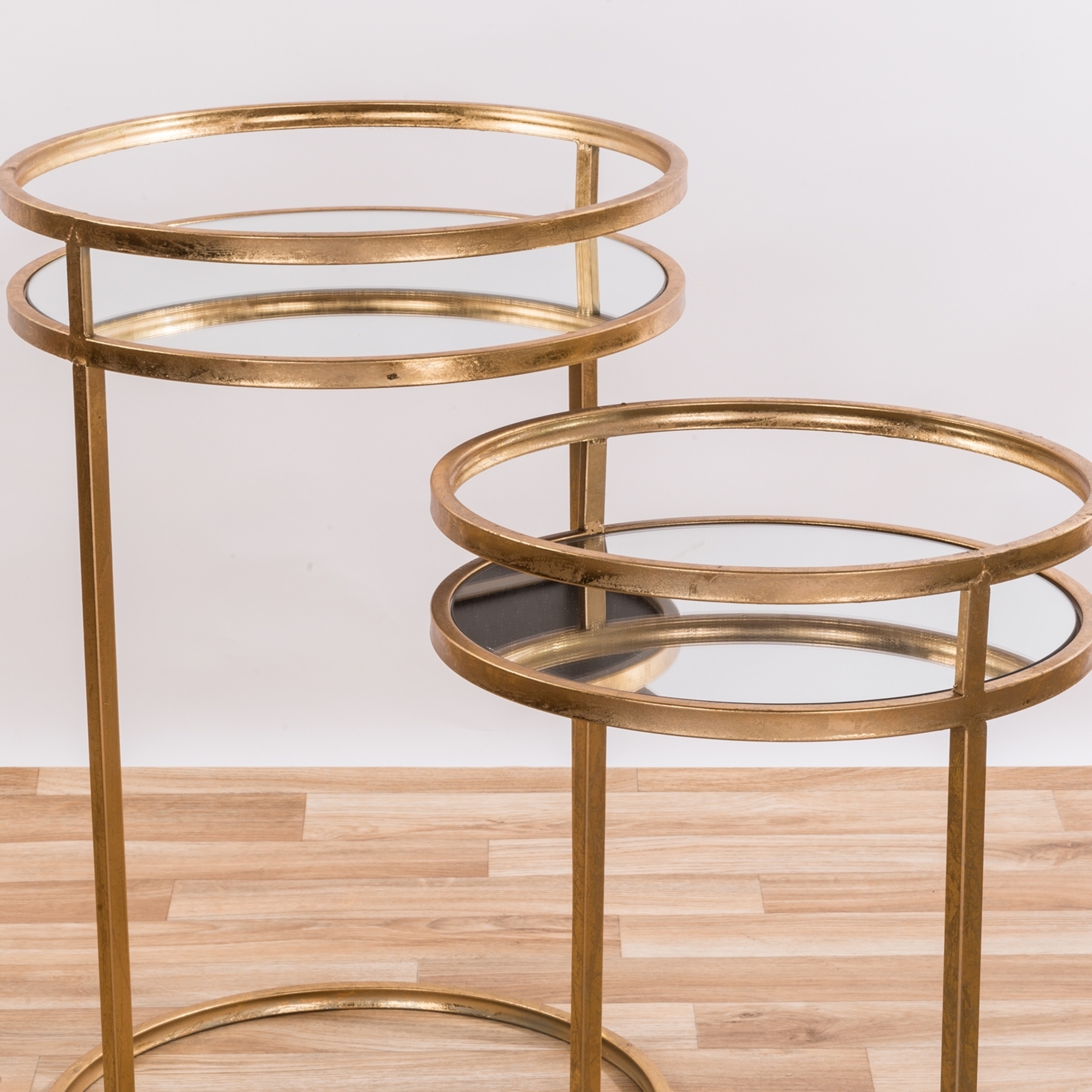 Gold Gilt Leaf Parisienne Metal Set of Two Round Mirrored Nesting Tables