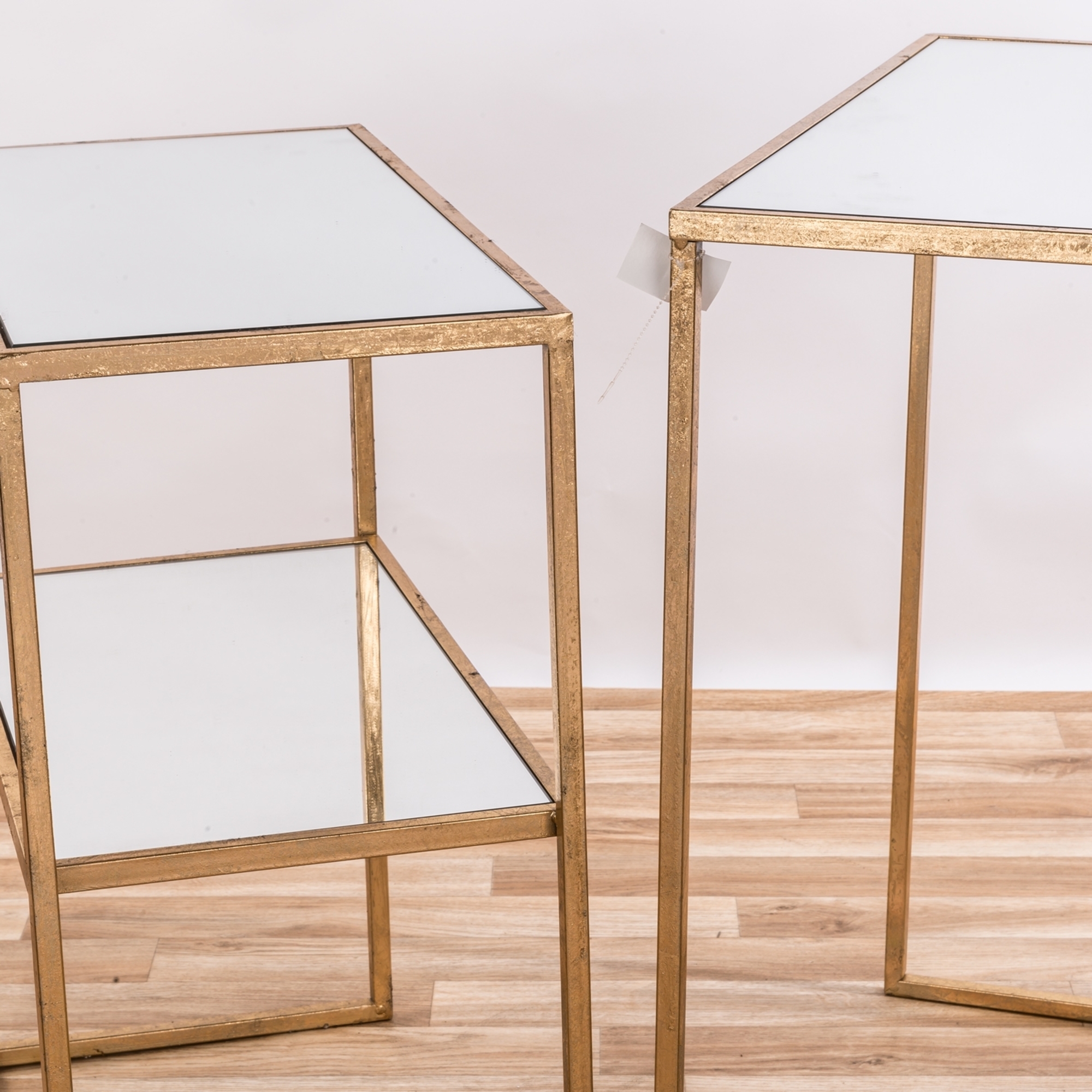 Gold Gilt Leaf Parisienne Metal Set of Two Rectangular Mirrored Nesting Tables