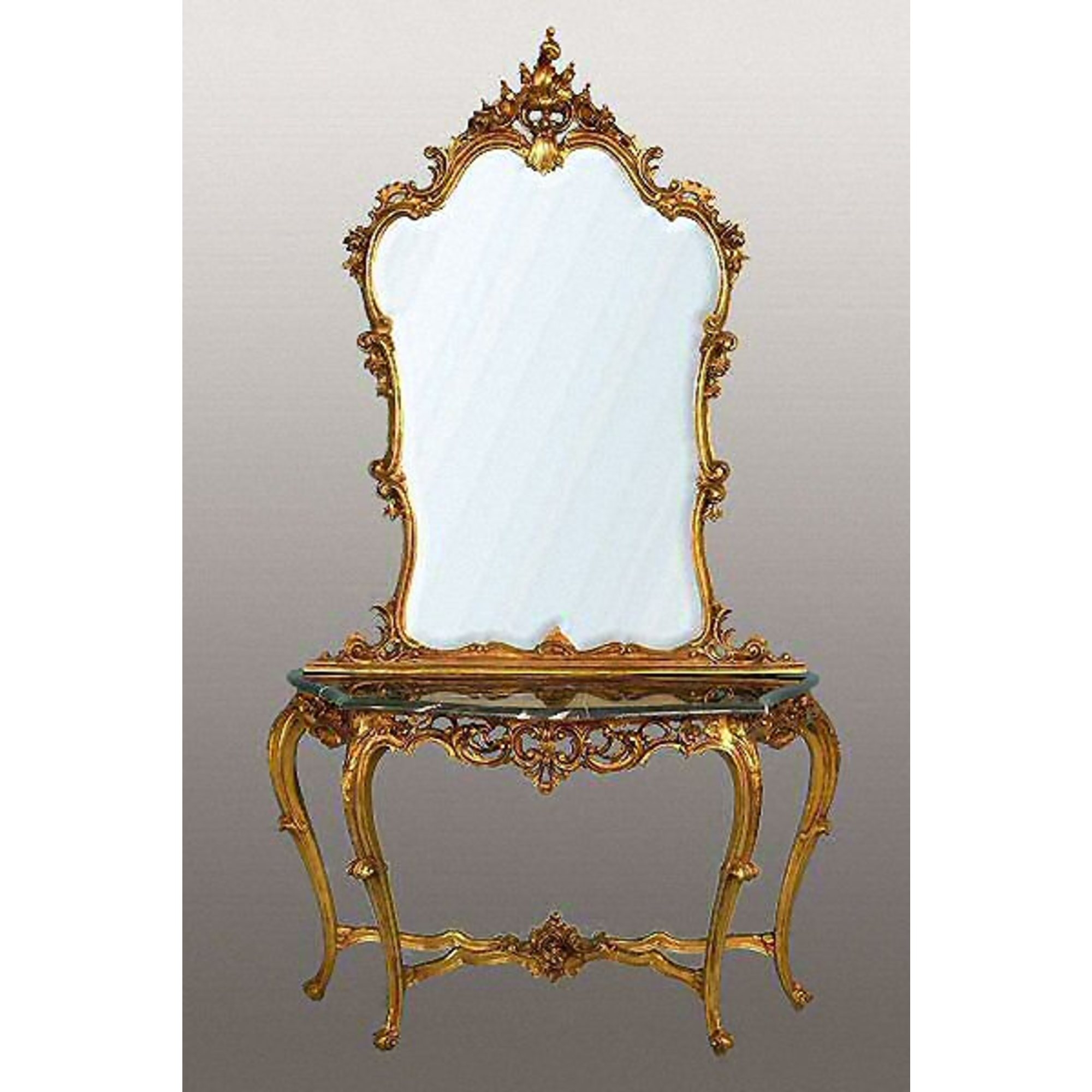 Gold Gilt Leaf Mirror & Console Table with Brown Marble Top
