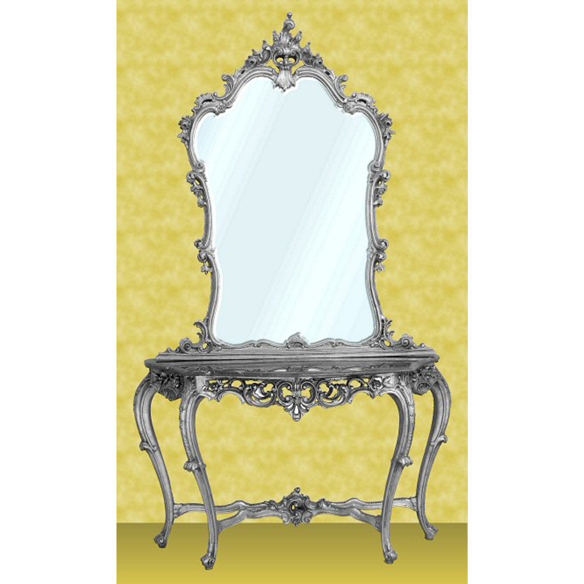 Silver Gilt Leaf Mirror & Console Table w  Black Marble Top
