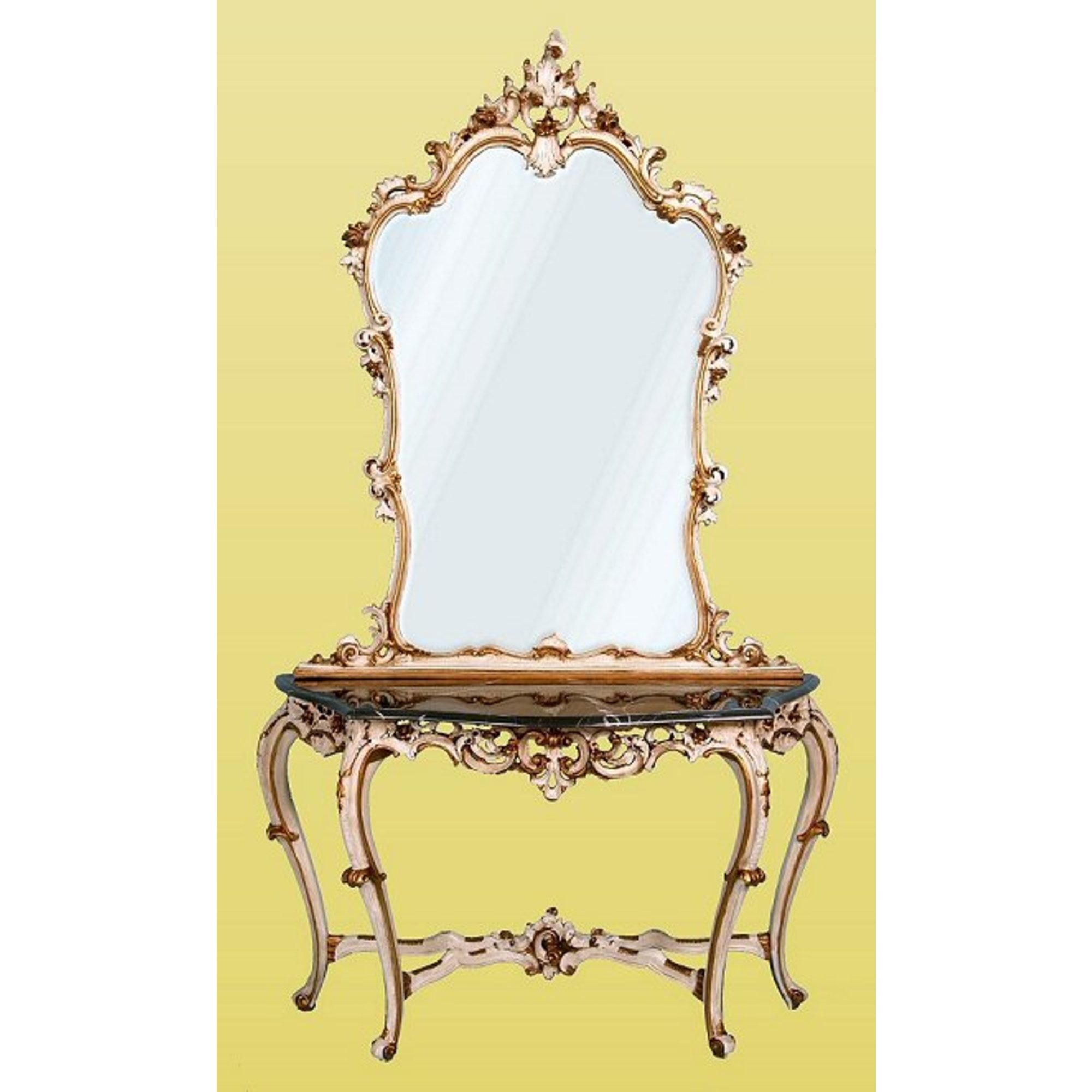 Gold Gilt Leaf &White Clay Paint Mirr & Cons.Table w  Black Marble Top