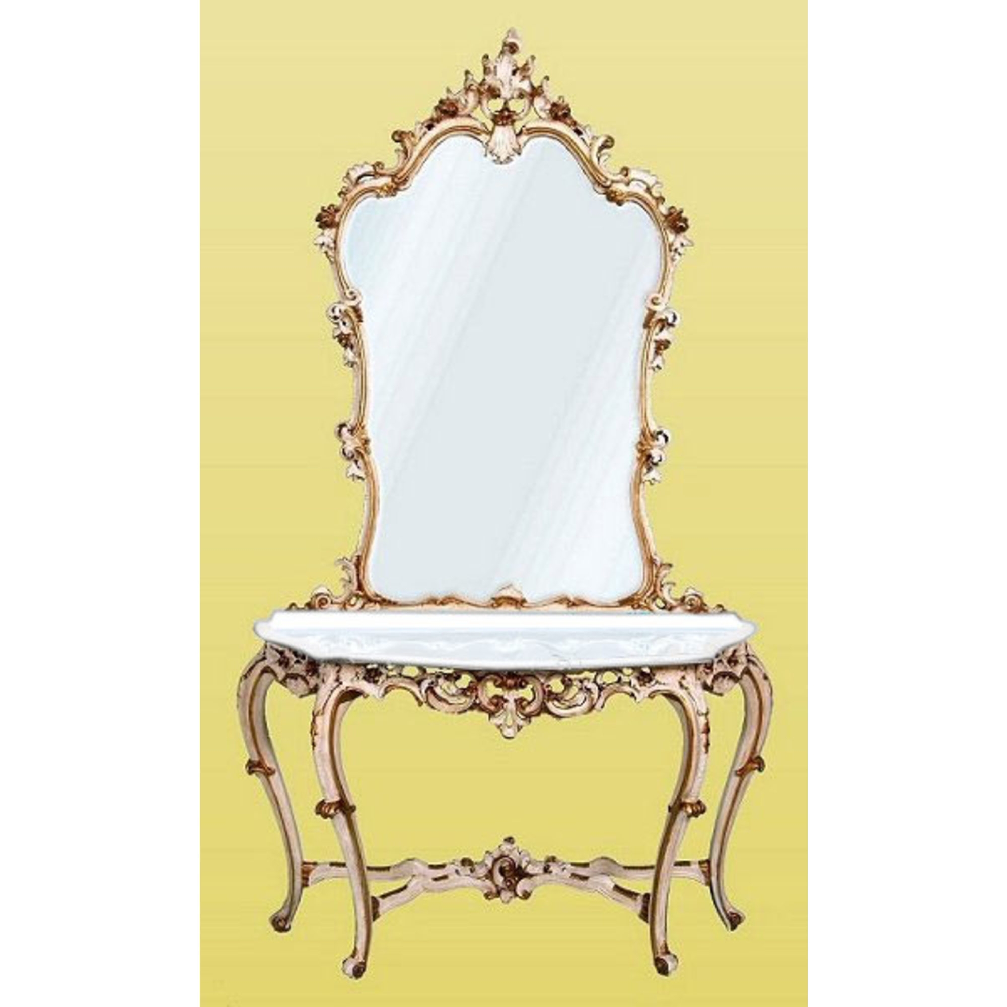 Gold Gilt Leaf &White Clay Paint Mirr & Cons.Table w  White Marble Top