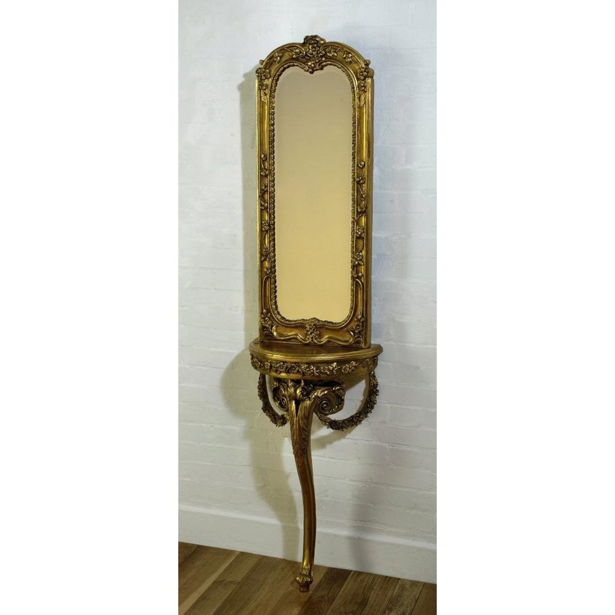 Gold Gilt Leaf Slim Console Mirror & Single Leg Table