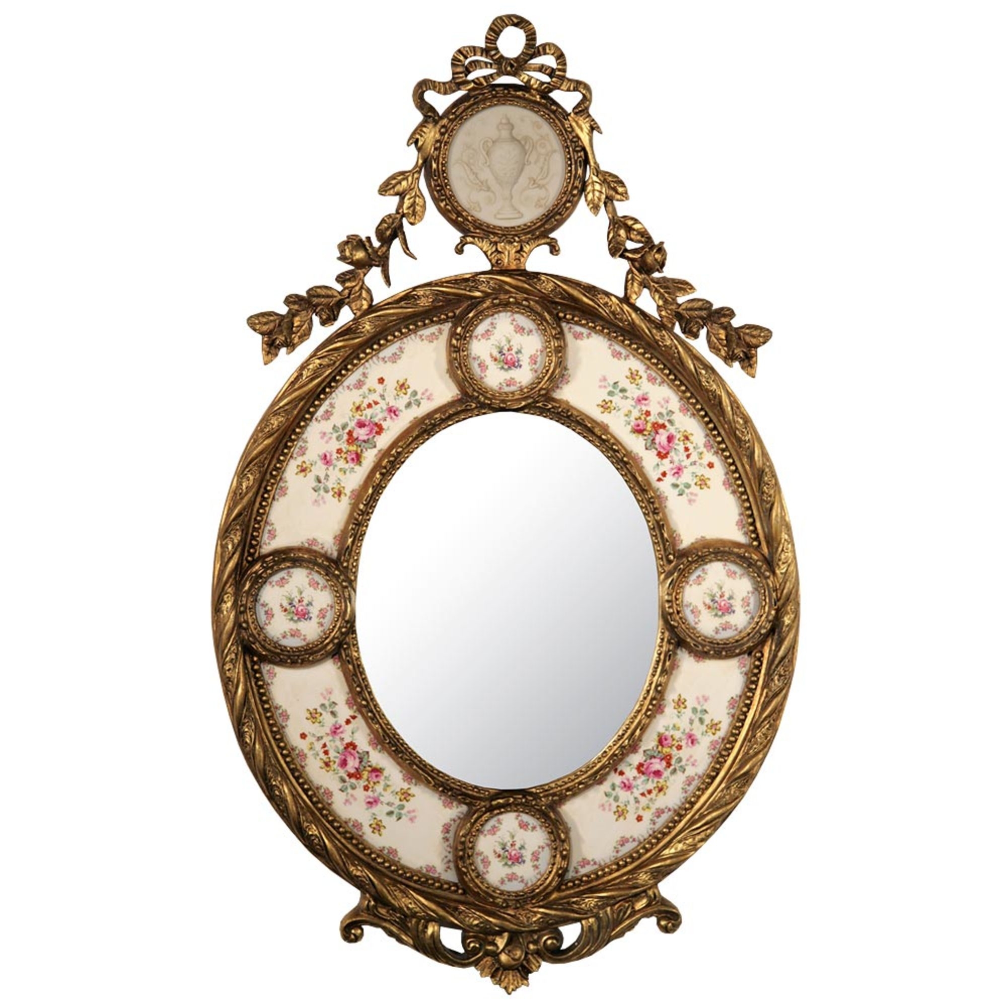 Gold Gilt Leaf frame w 8 flower porcelain plaque w  mirror
