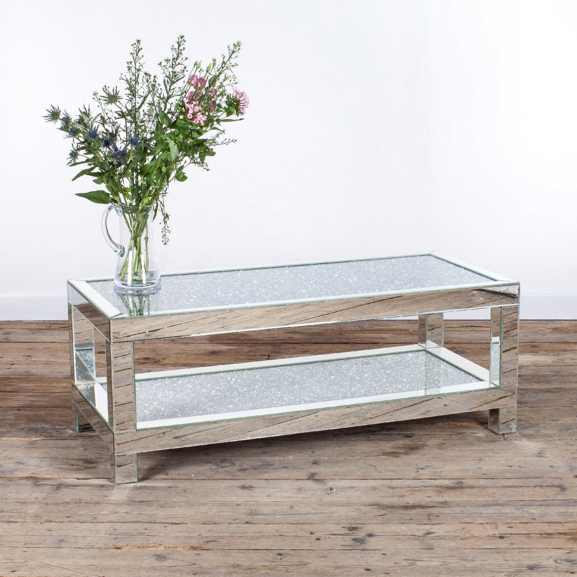 Venetian Crushed Diamond Mirrored Coffee Table With Mirrored Table Top and Crystal Shelf