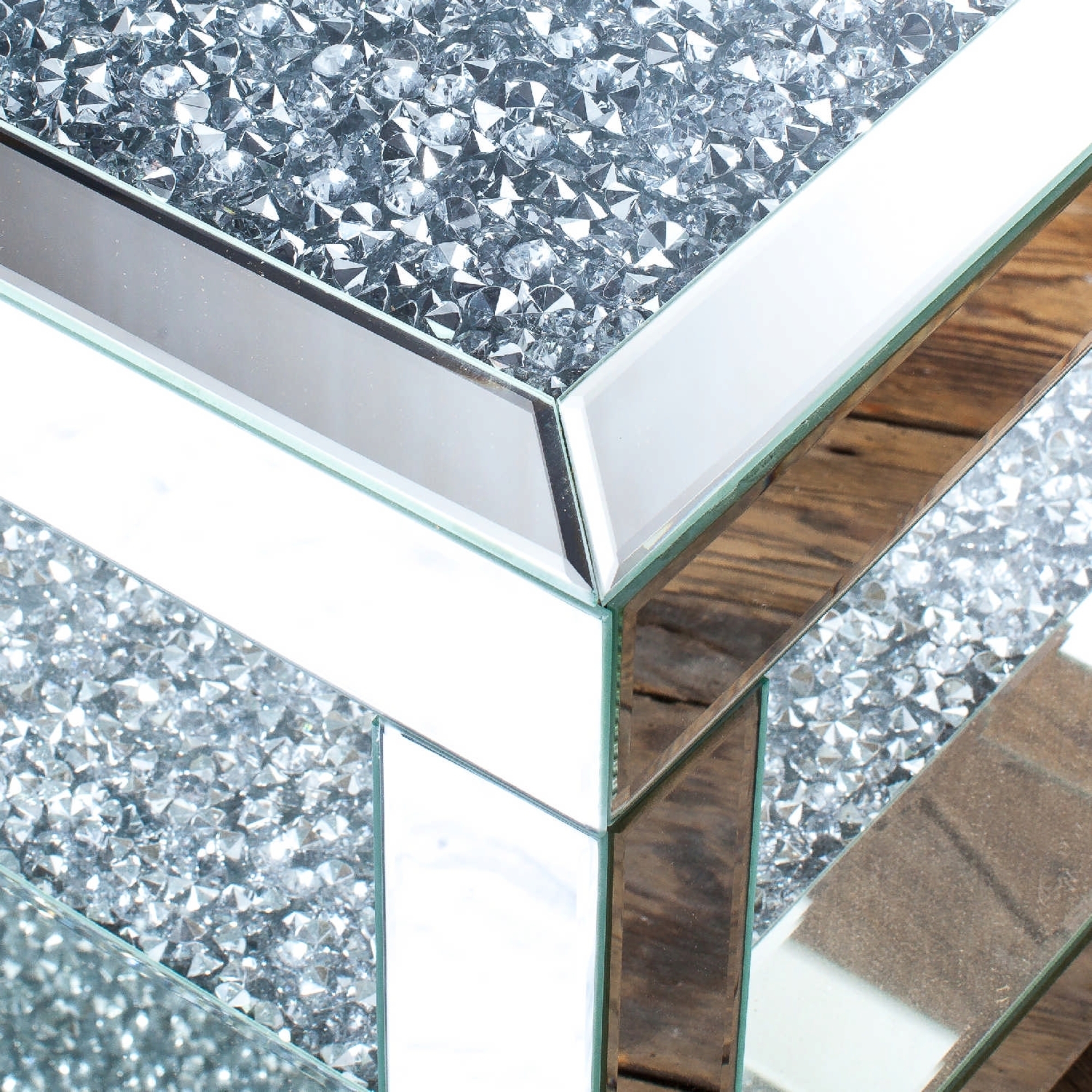 Venetian Crushed Diamond Mirrored Coffee Table With Mirrored Table Top and Crystal Shelf