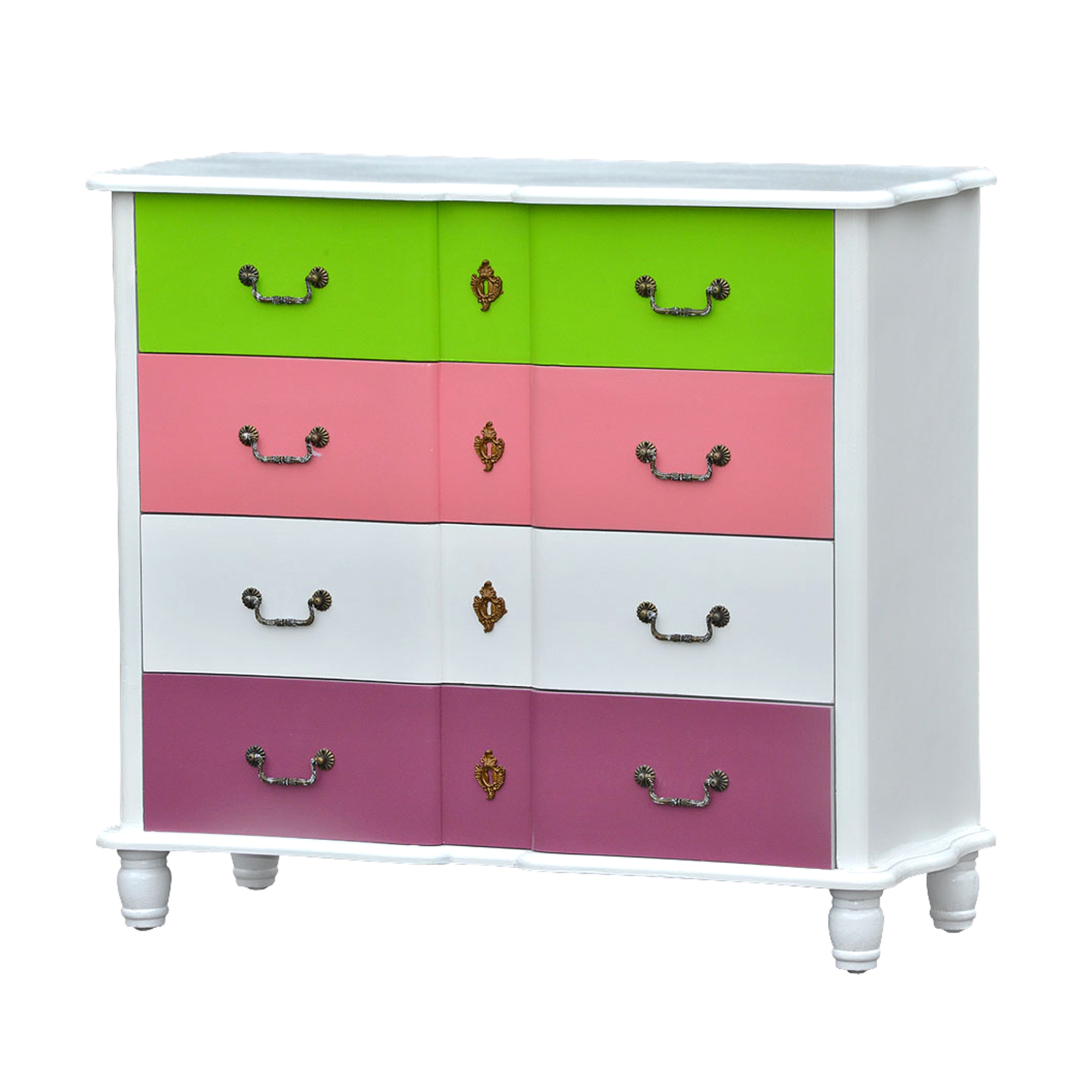 High Gloss Chest of Drawers - White, Green and Pink