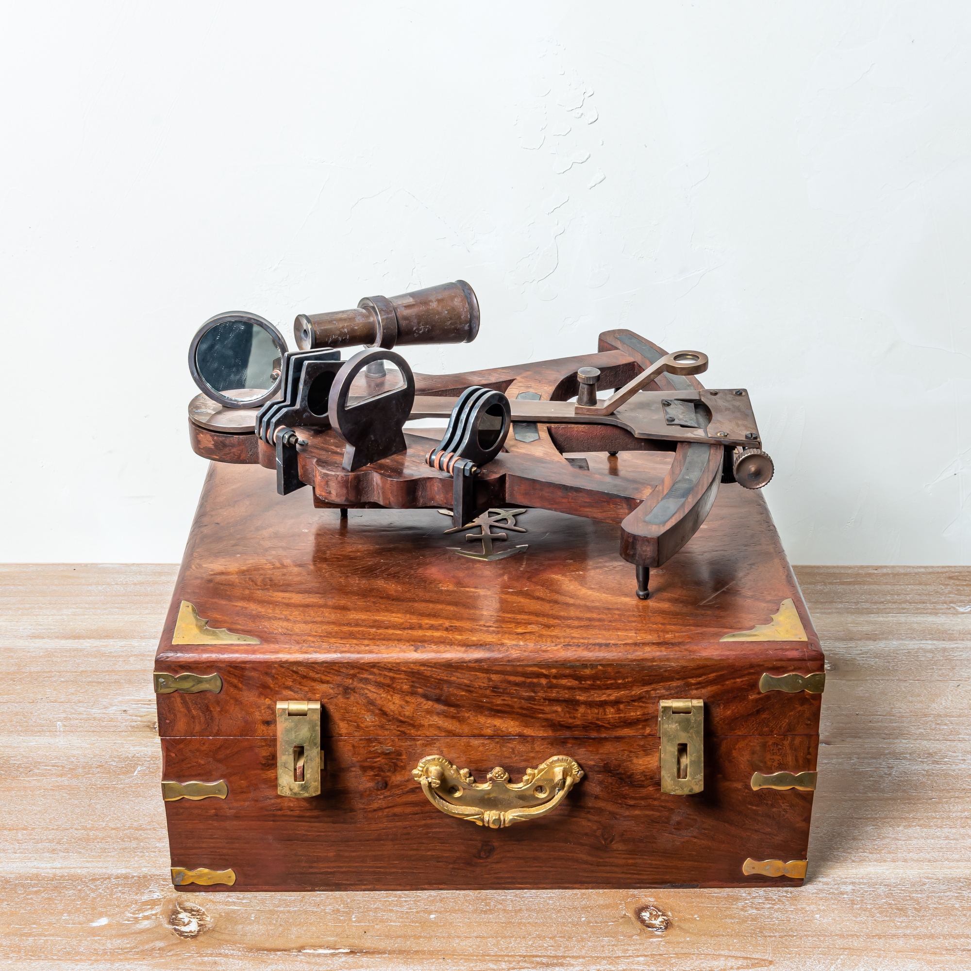 Antique Brass Wood Frame Sextant in Wooden Box 