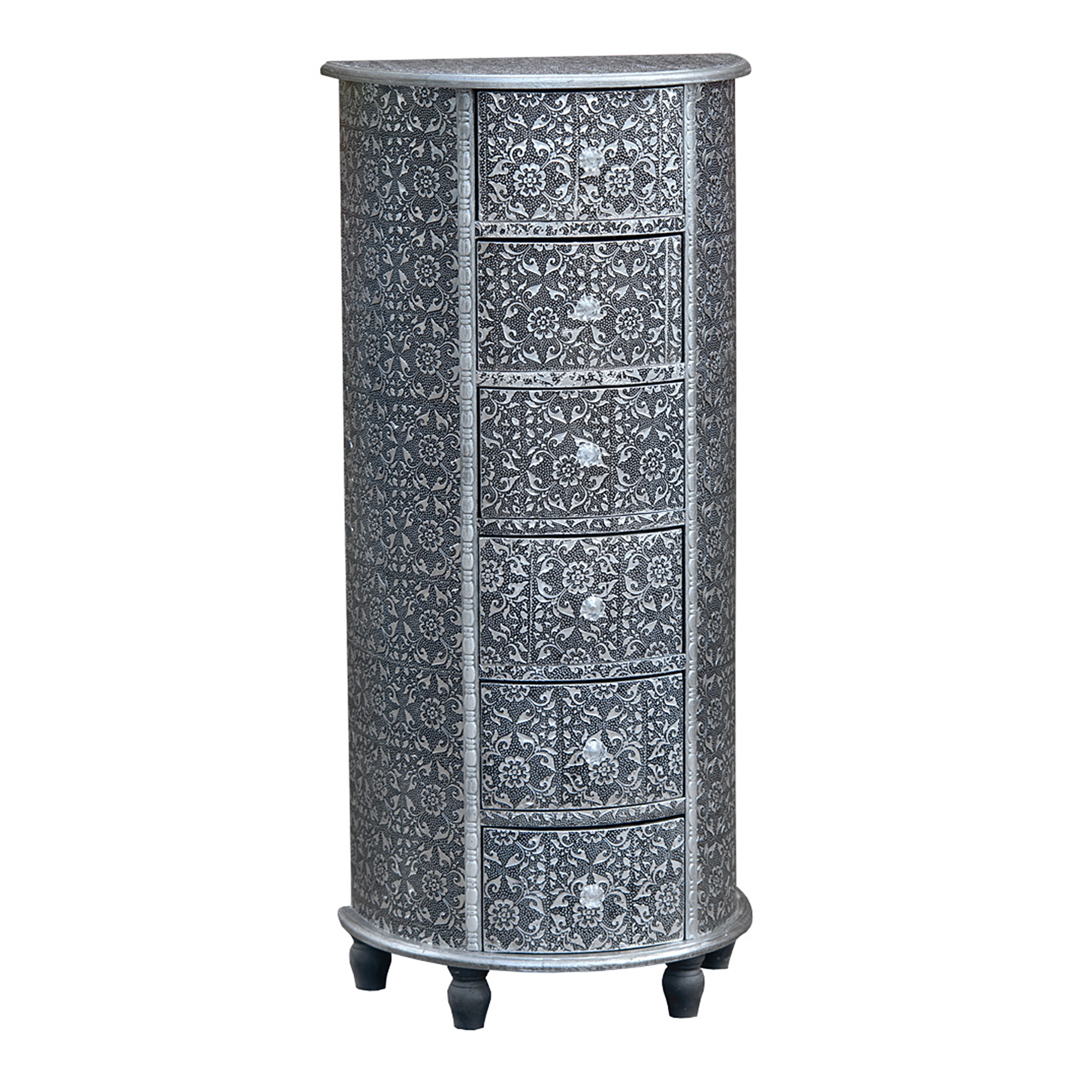 Chaandhi Kar Metal Embossed Tallboy Chest of Drawers - Blackened Silver