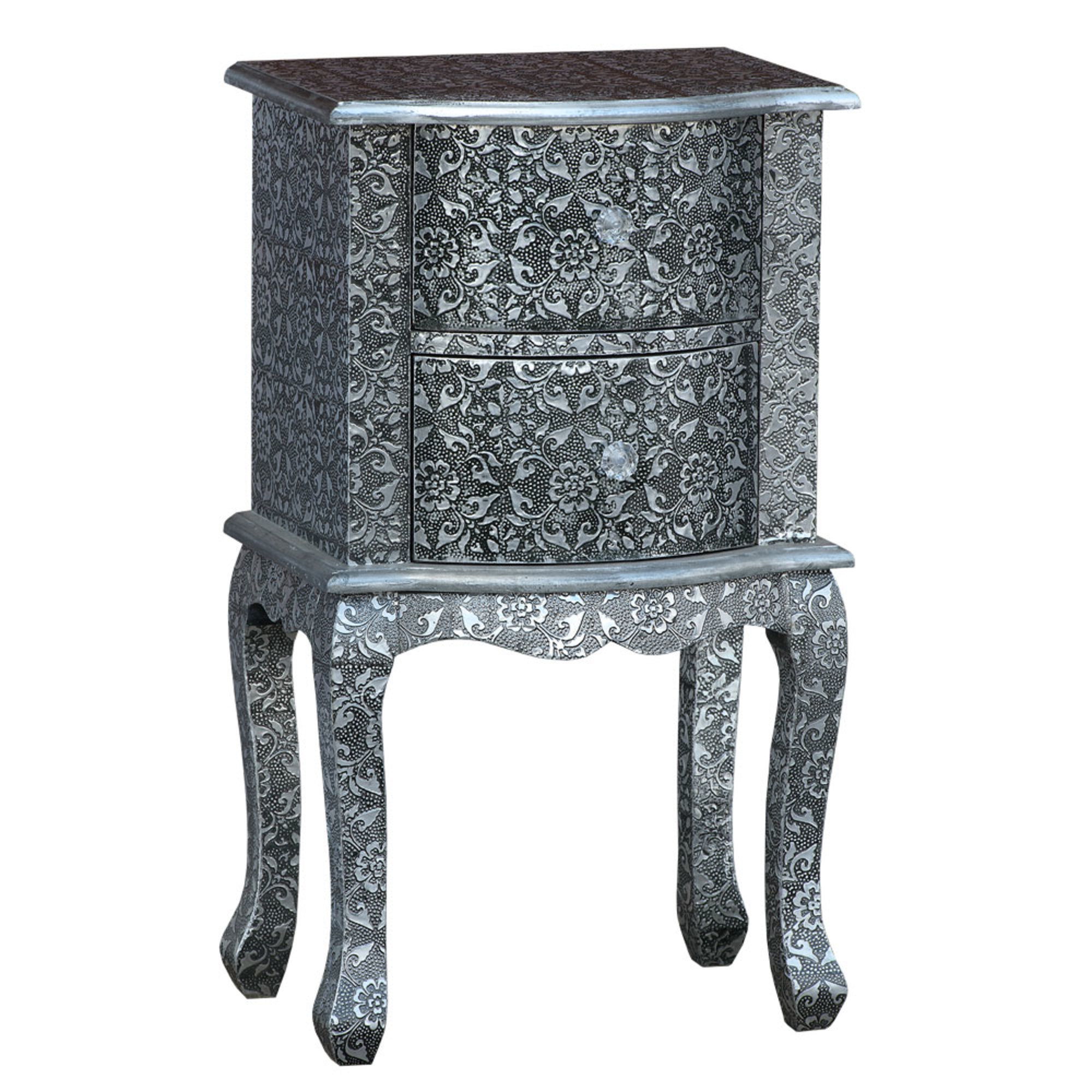 Chaandhi Kar Metal Embossed Bedside Table - Blackened Silver