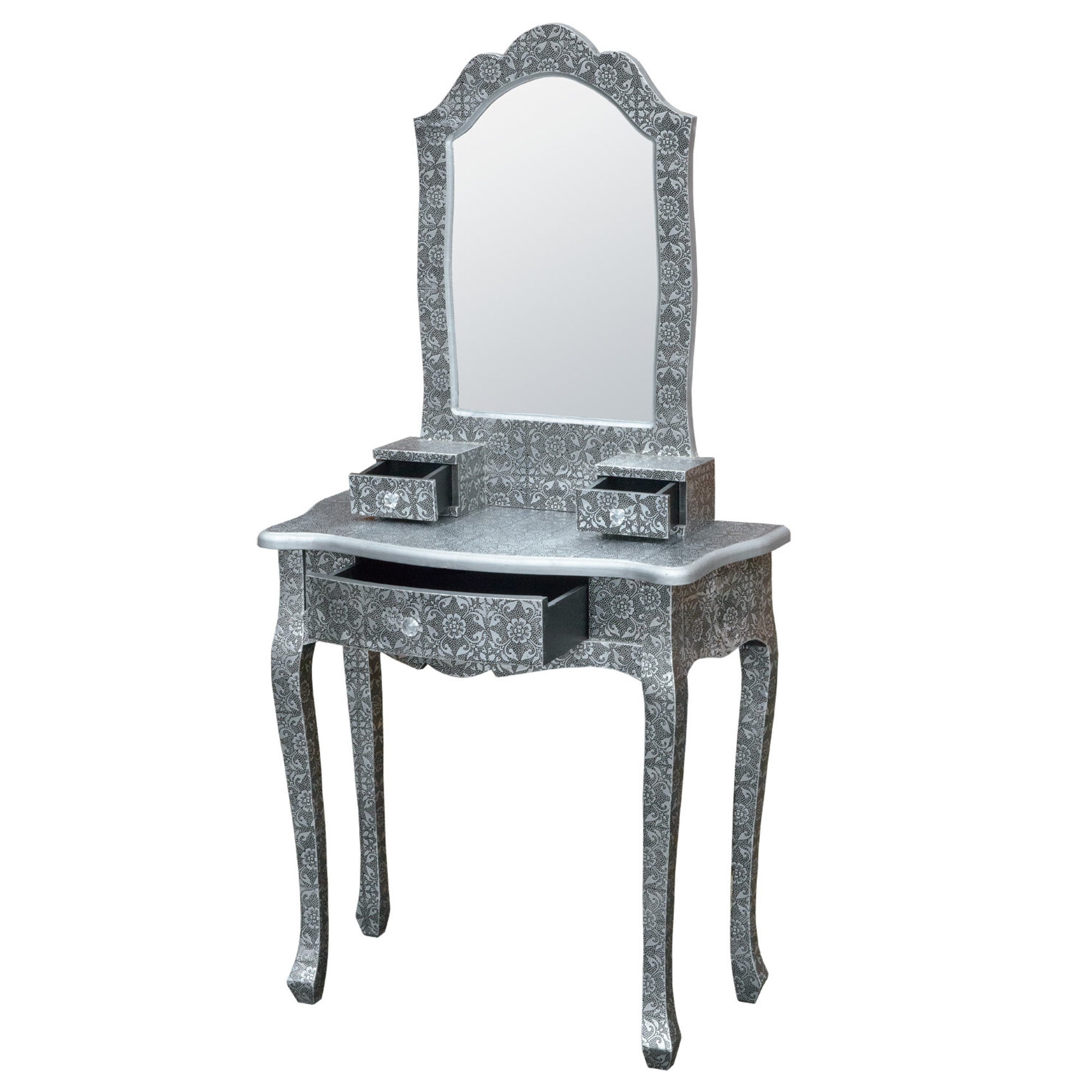 Chaandhi Kar Metal Embossed Dressing Table - Blackened Silver