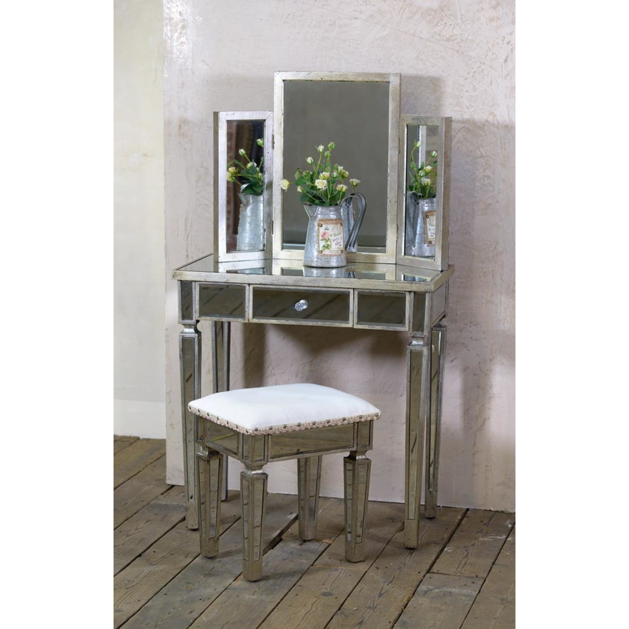 Vintage Venezia Mirrored Dressing Table - Antique Silver 