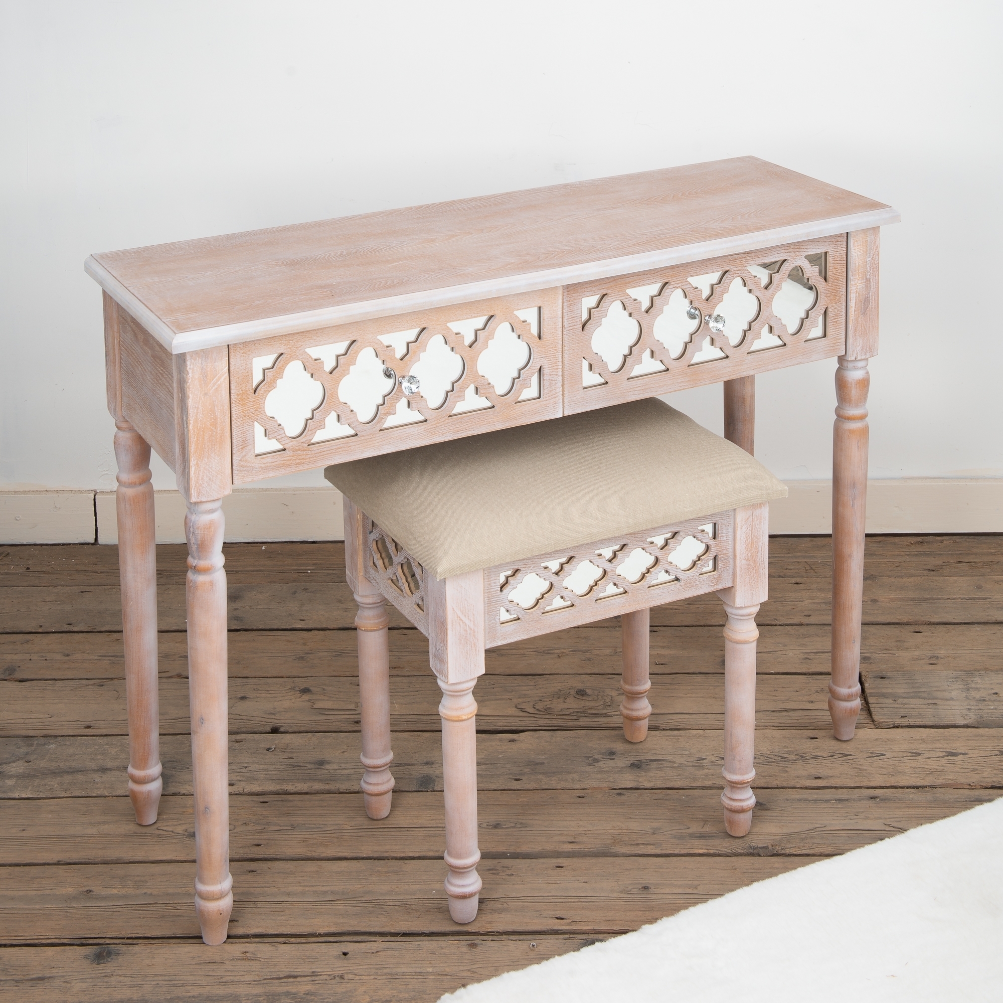 Wood Lattice Mirrored Dressing Table Set
