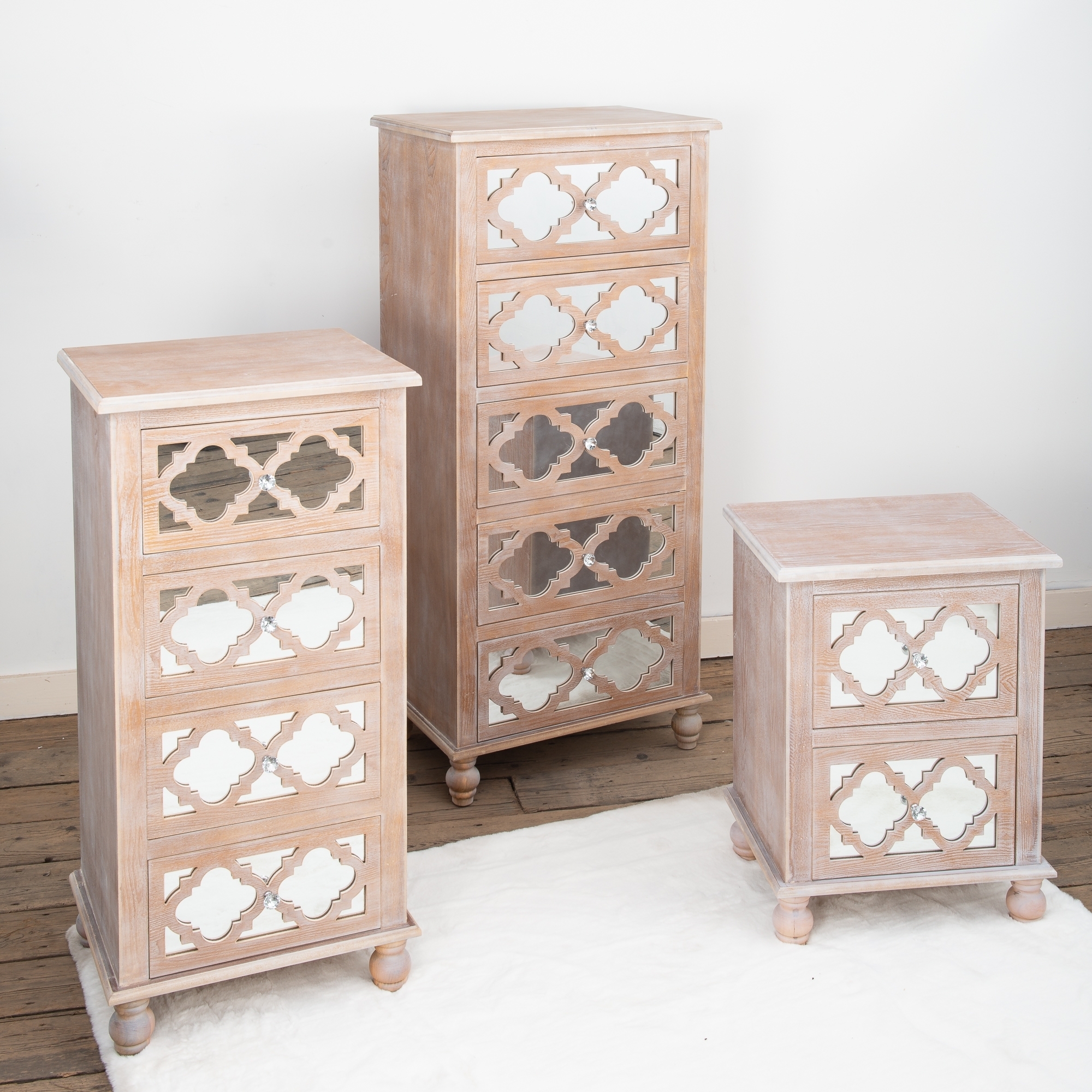 Wood Lattice Mirrored Tallboy Chest of Drawers