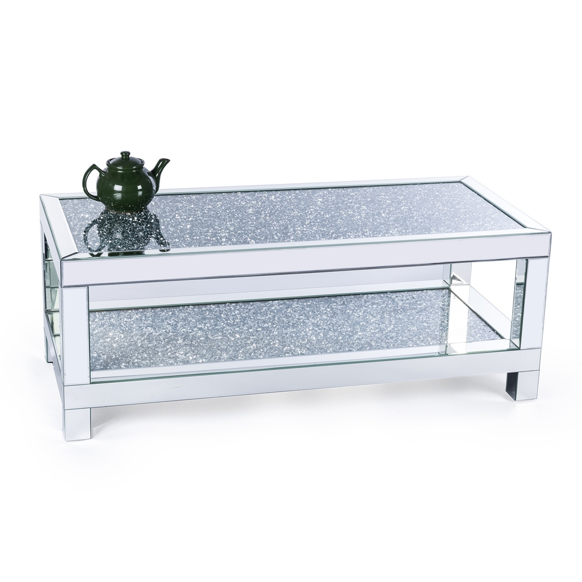 Venetian Crushed Diamond Mirrored Coffee Table With Mirrored Table Top and Crystal Shelf