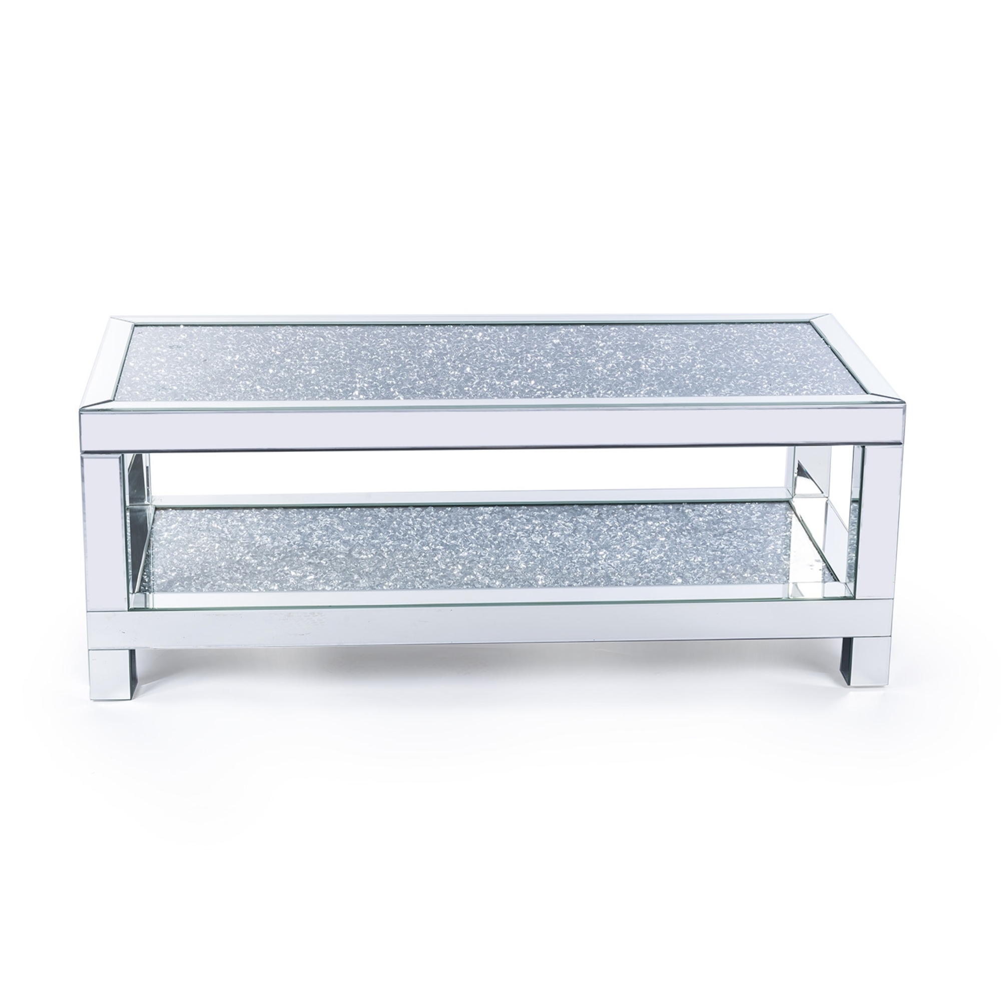 Venetian Crushed Diamond Mirrored Coffee Table With Mirrored Table Top and Crystal Shelf