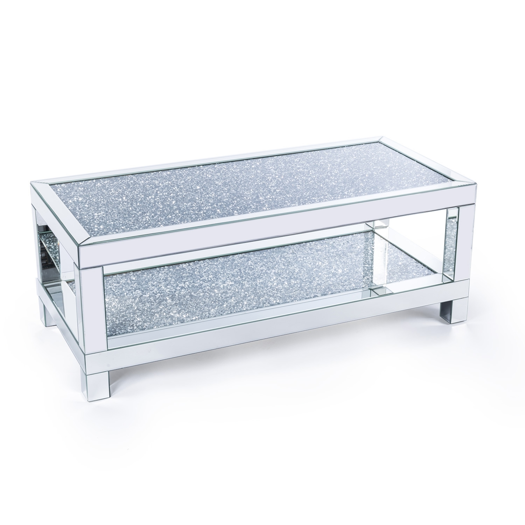 Venetian Crushed Diamond Mirrored Coffee Table With Mirrored Table Top and Crystal Shelf