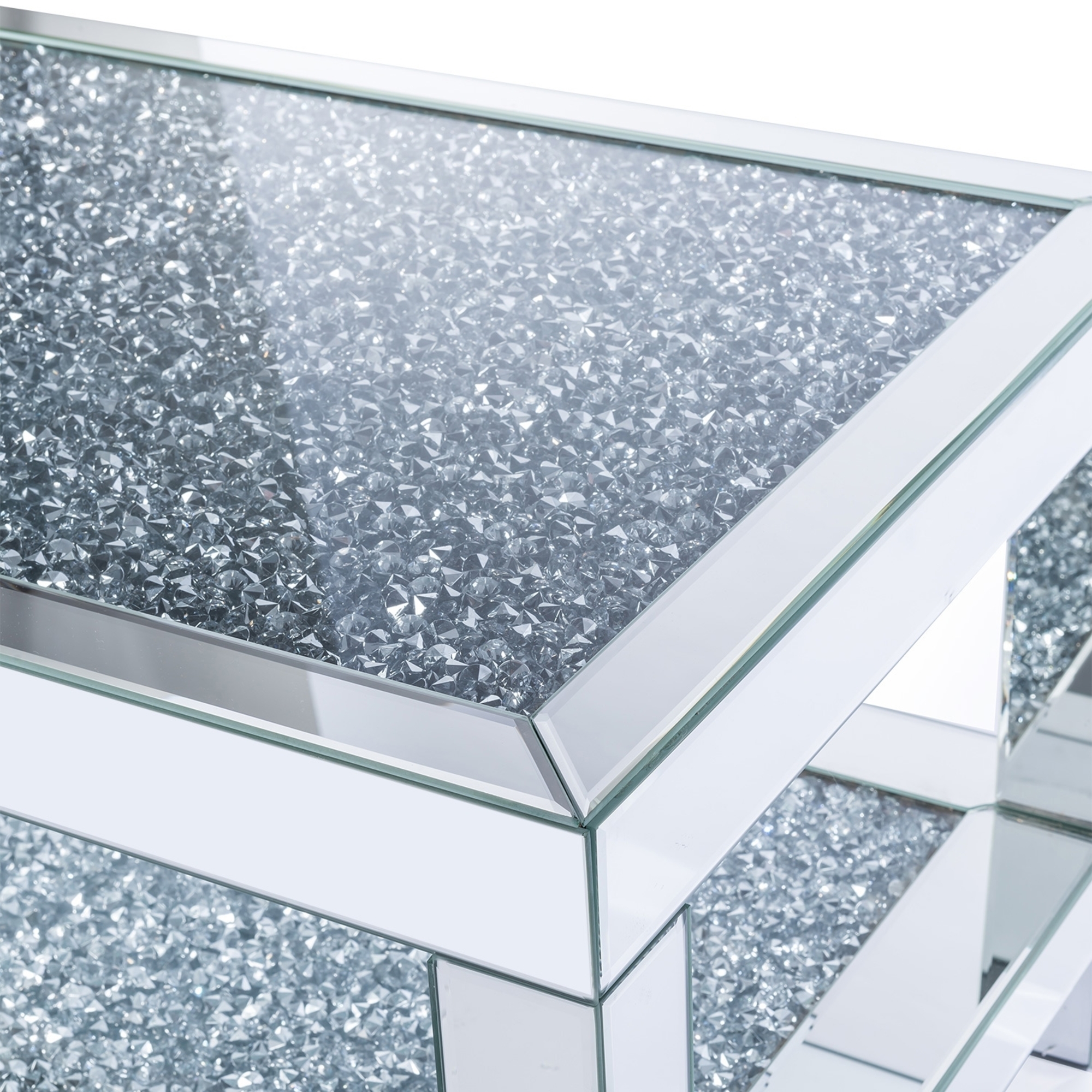Venetian Crushed Diamond Mirrored Coffee Table With Mirrored Table Top and Crystal Shelf