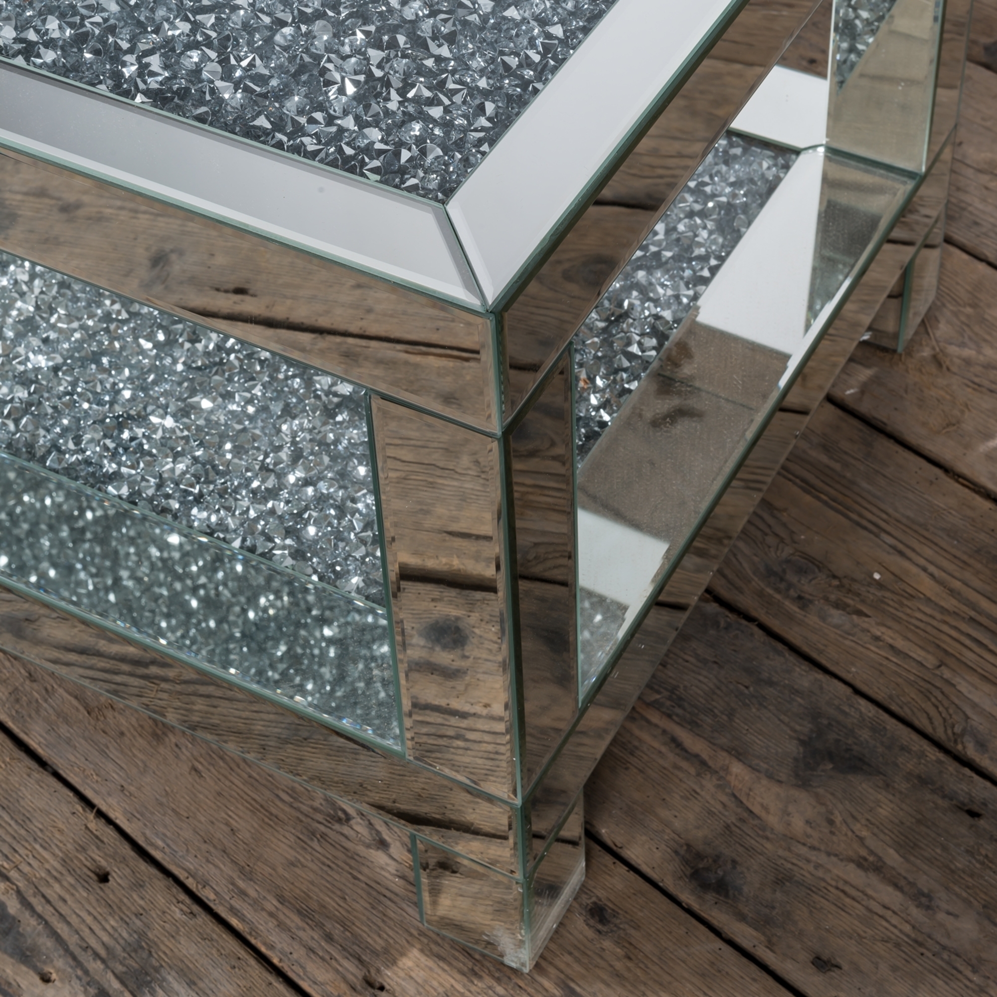 Venetian Crushed Diamond Mirrored Coffee Table With Mirrored Table Top and Crystal Shelf