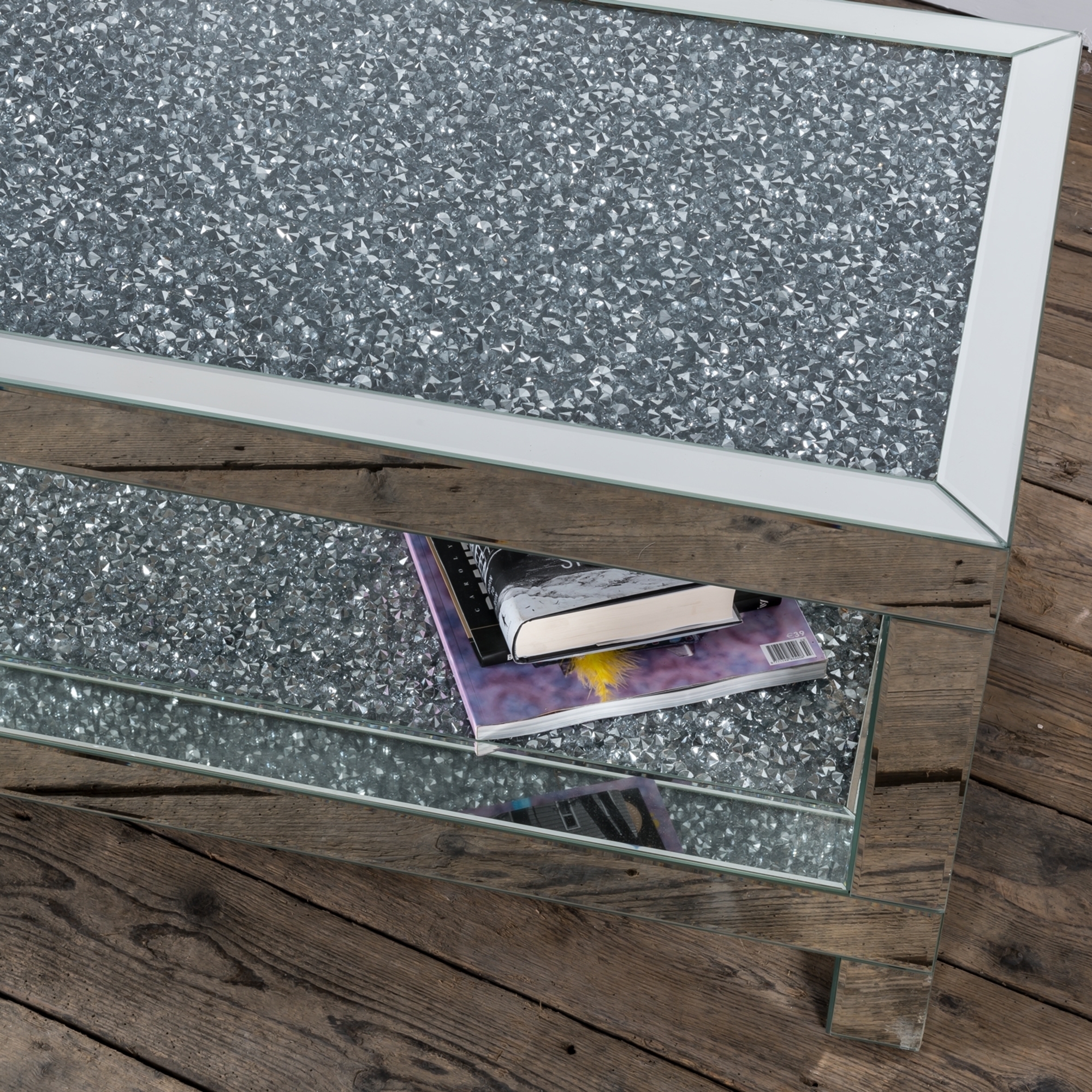 Venetian Crushed Diamond Mirrored Coffee Table With Mirrored Table Top and Crystal Shelf
