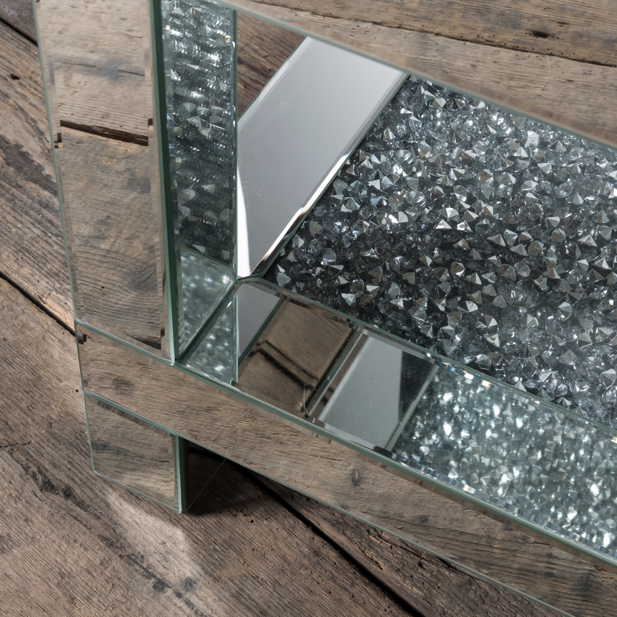 Venetian Crushed Diamond Mirrored Coffee Table With Mirrored Table Top and Crystal Shelf