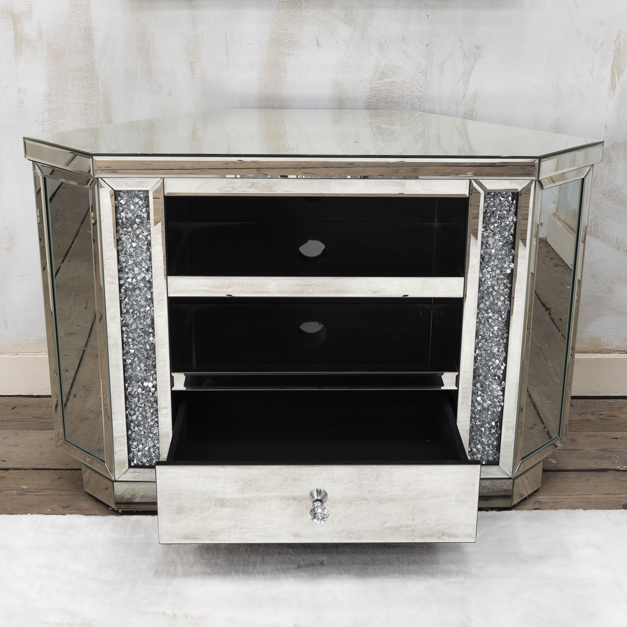 Venetian Crushed Diamond Mirrored TV Media Unit With Shelf and drawers - EXTRA PACKING