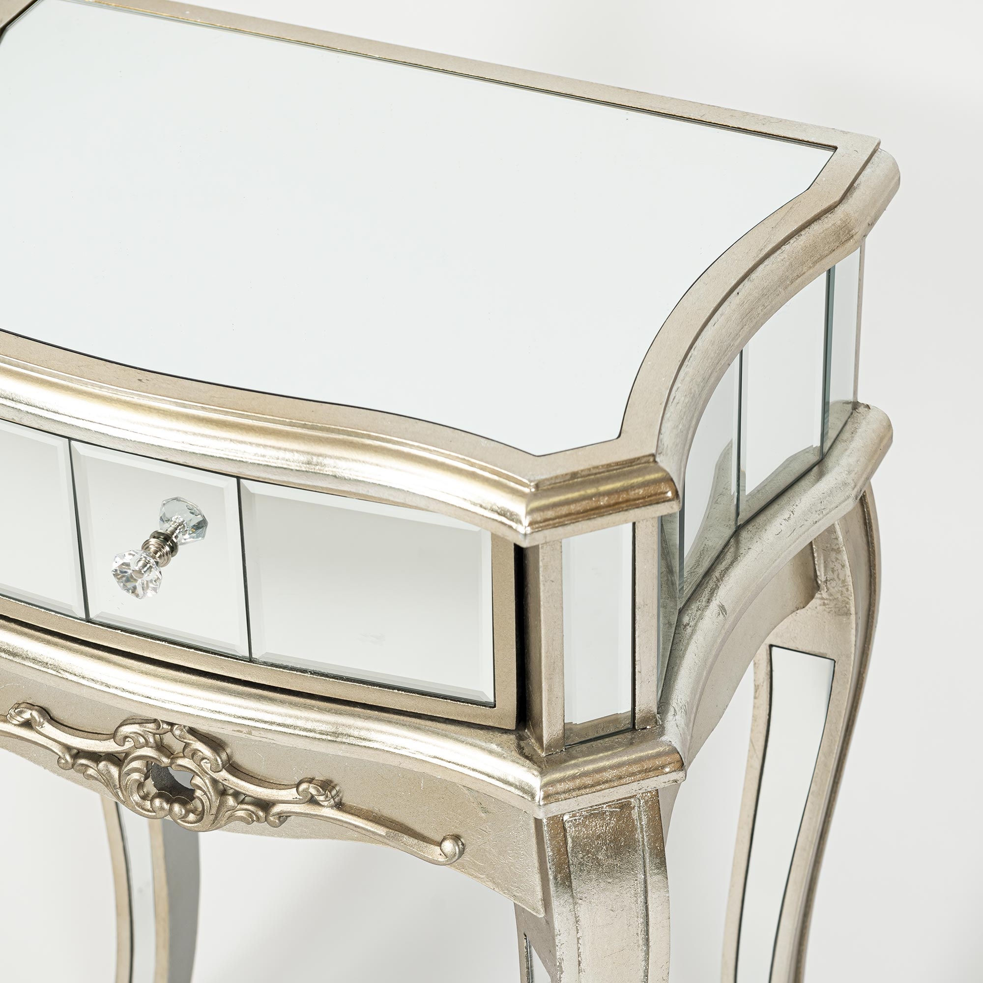 Annabelle Mirrored Bedside Table - Champagne Silver Gilt Leaf