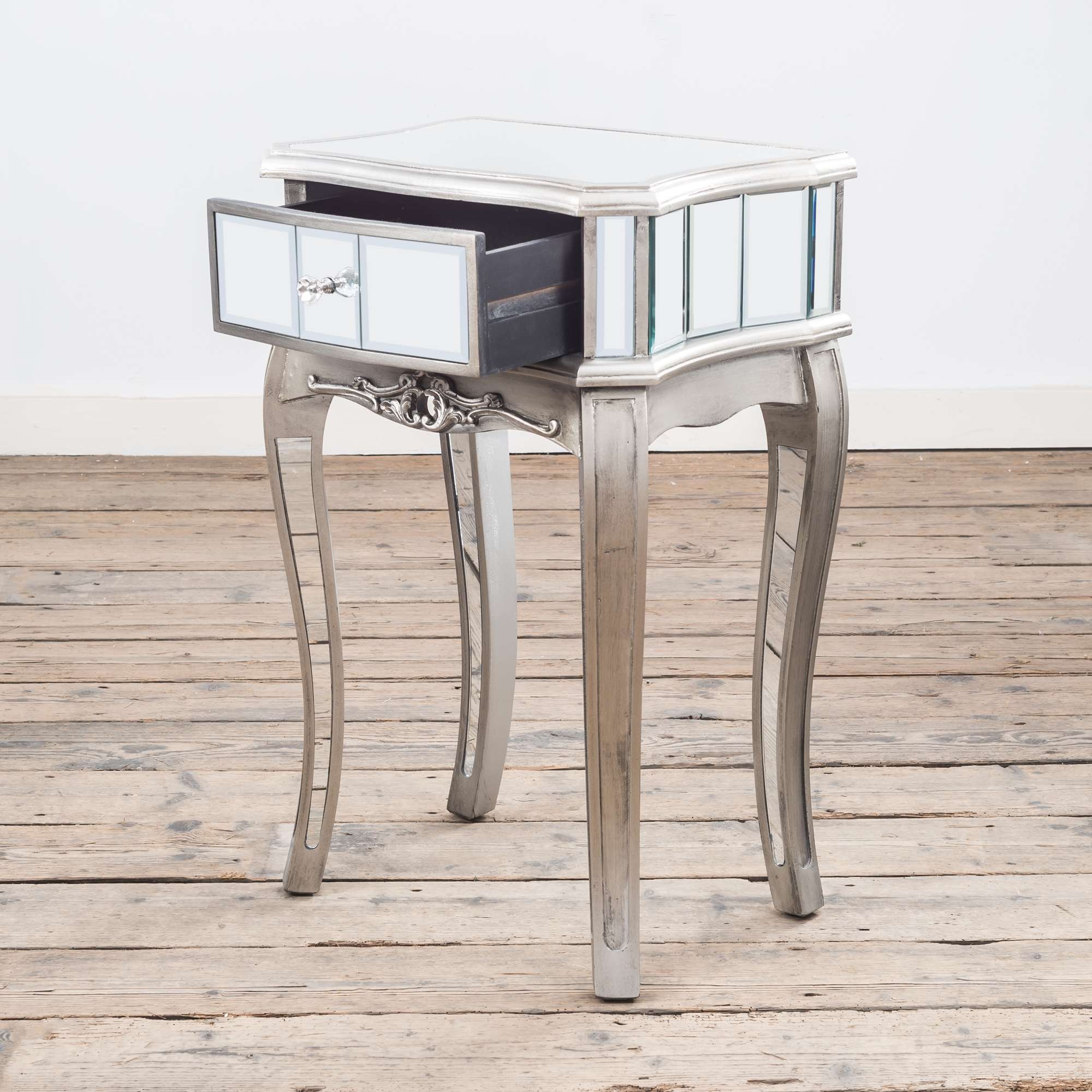 Annabelle Mirrored Bedside Table - Antique Silver