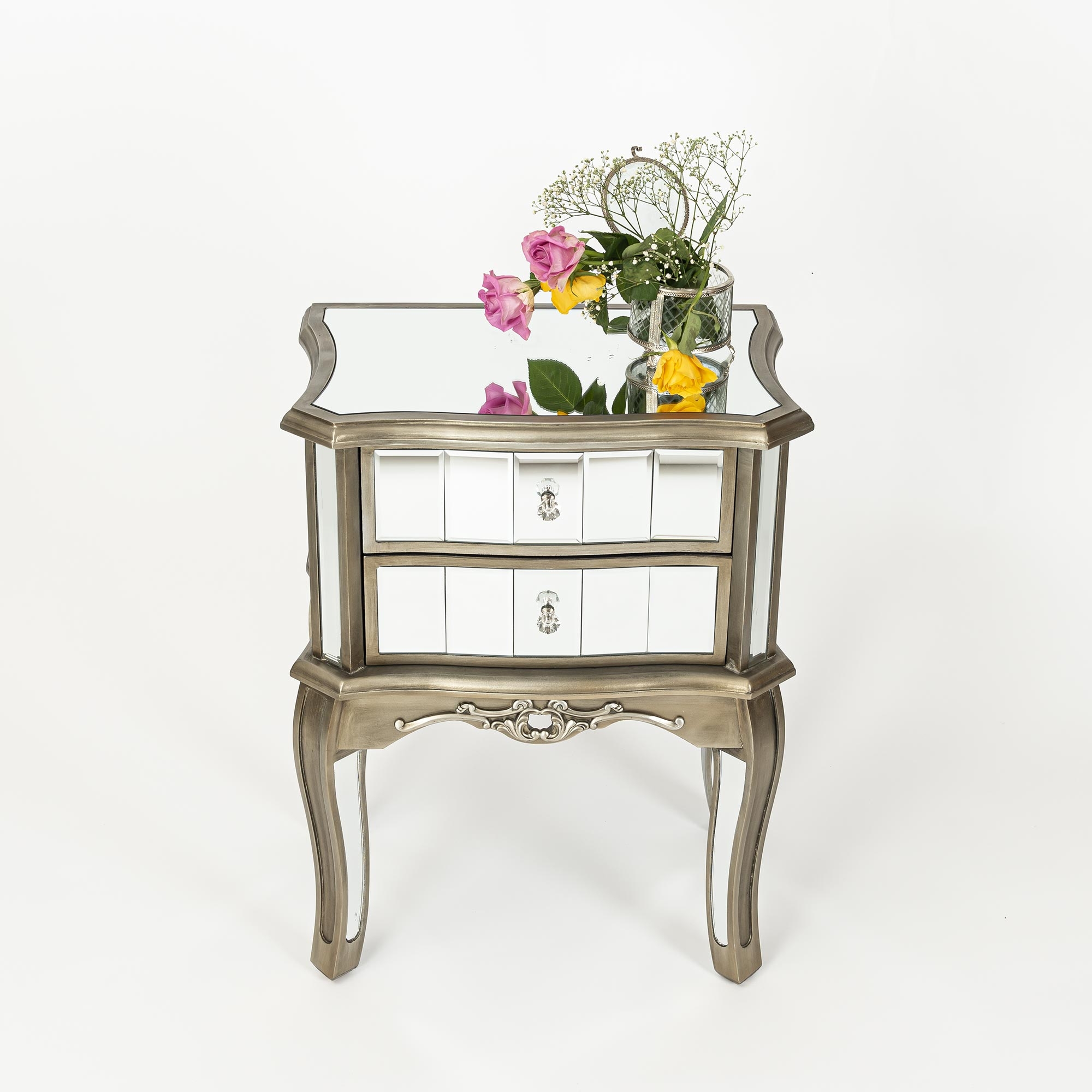 Annabelle Mirrored Bedside Table - Antique Silver