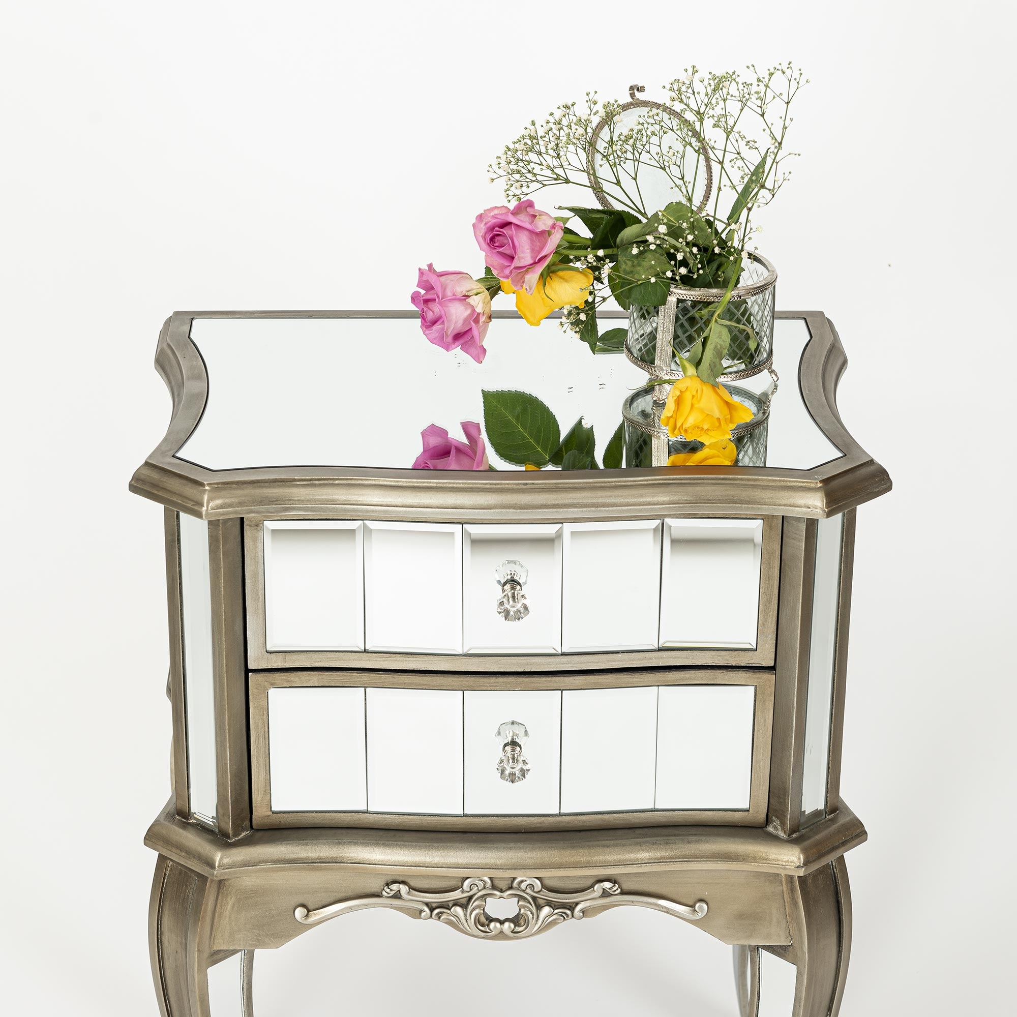 Annabelle Mirrored Bedside Table - Antique Silver