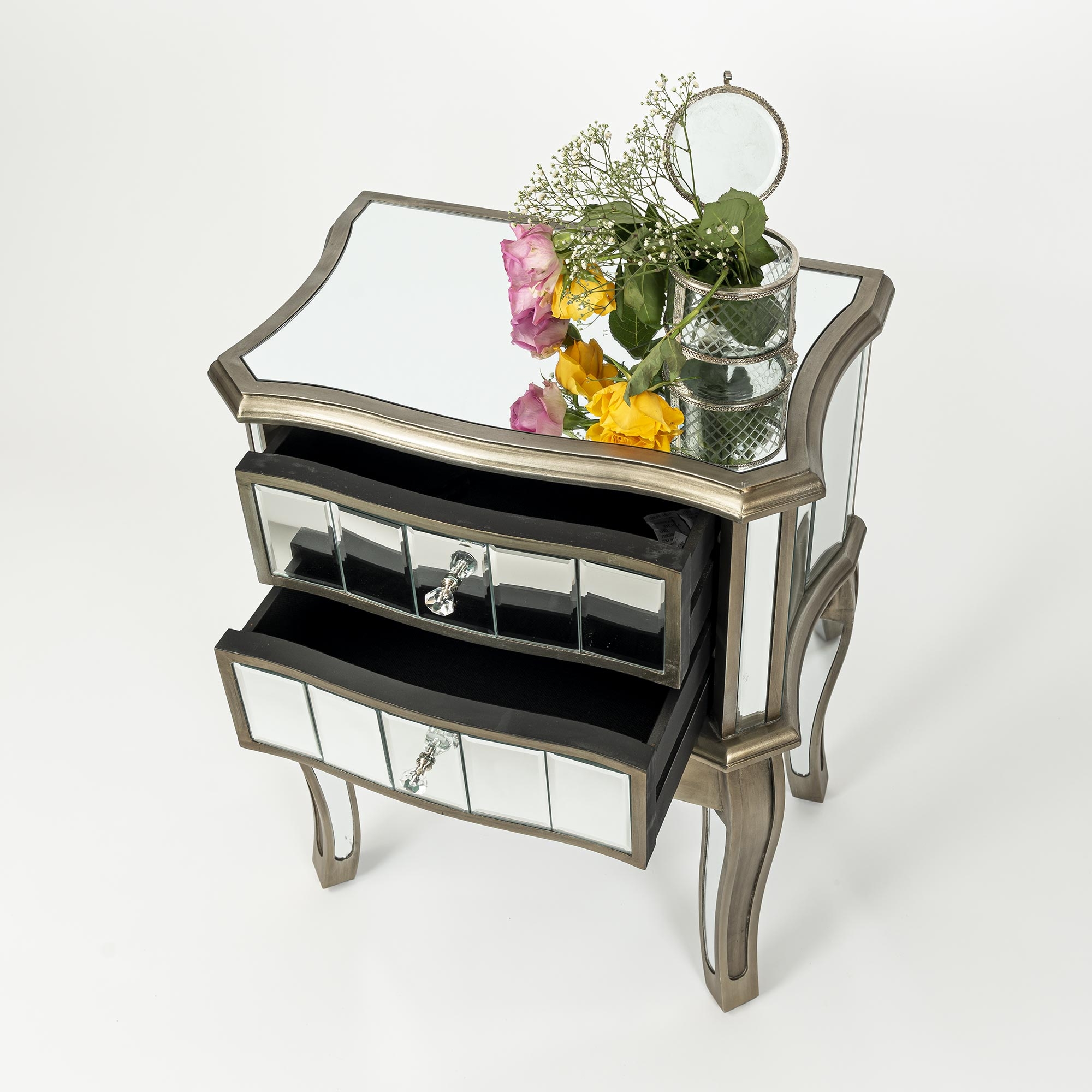 Annabelle Mirrored Bedside Table - Antique Silver