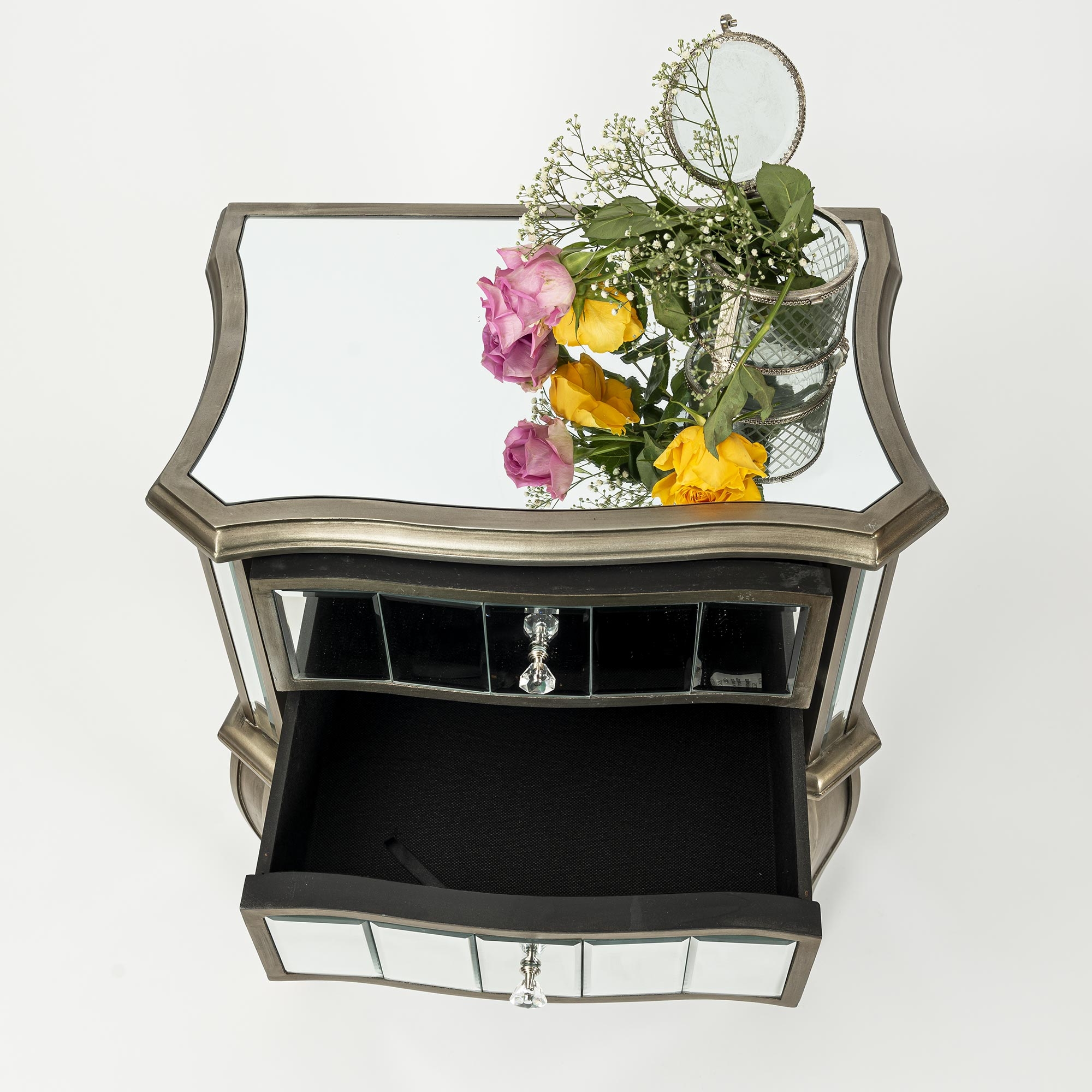 Annabelle Mirrored Bedside Table - Antique Silver