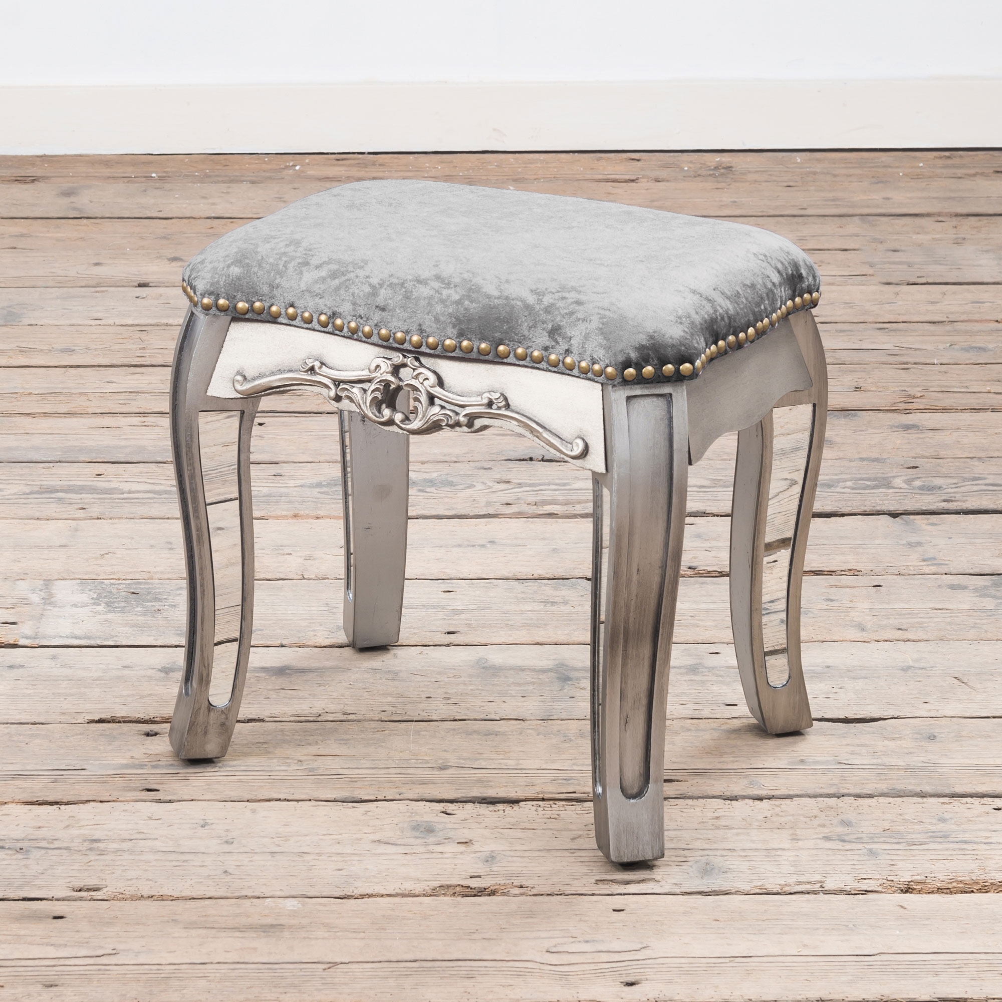 Annabelle Mirrored Dressing Table Stool - Antique Silver