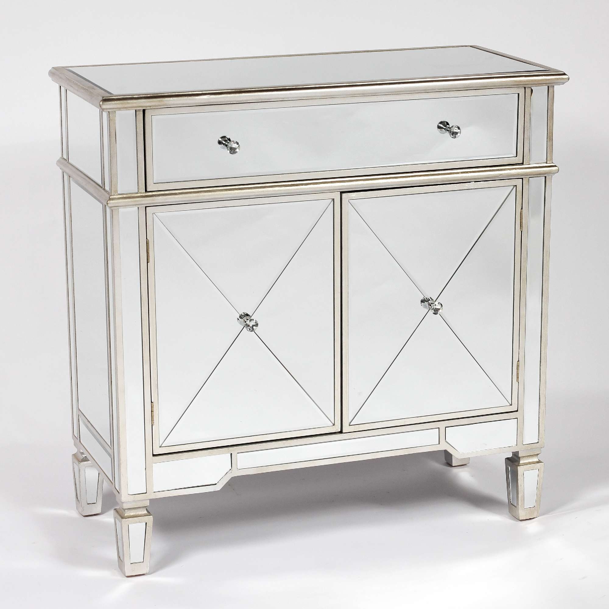 Genevieve Silver Painted One Drawer Two Door Mirrored Cupboard