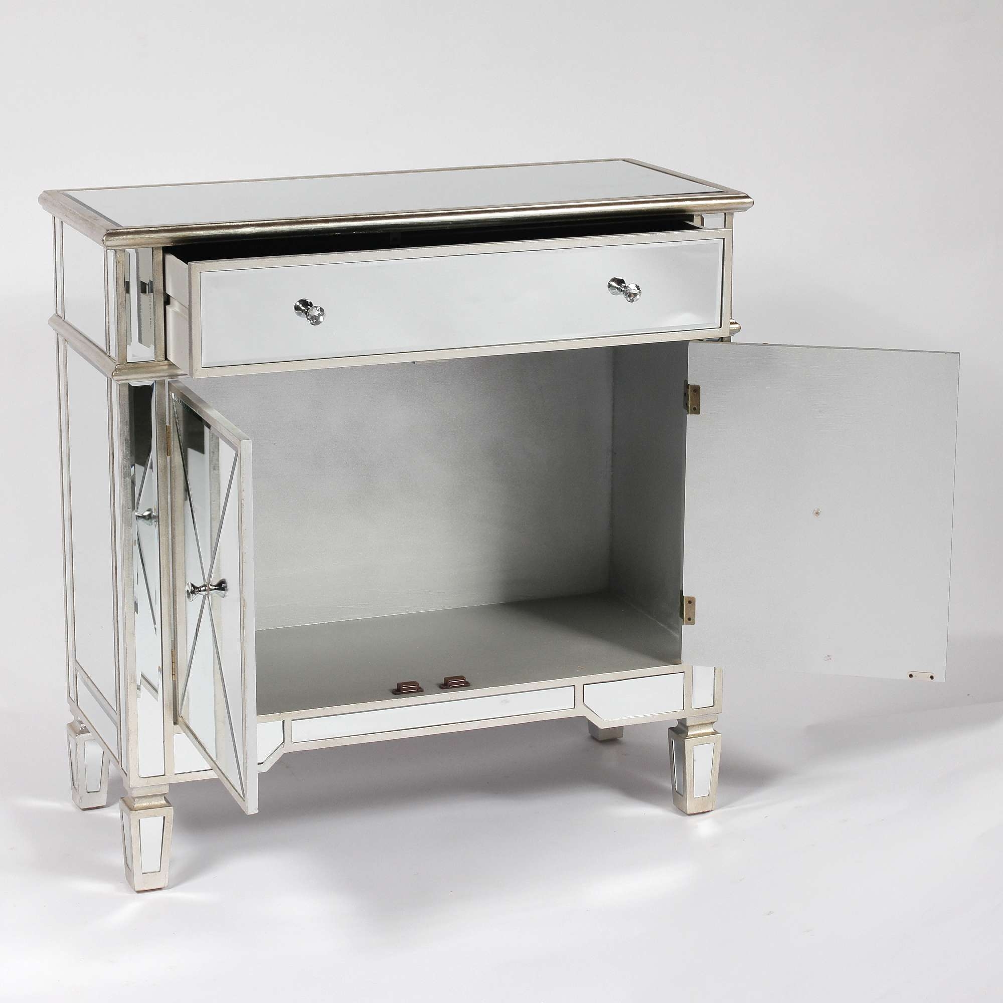 Genevieve Silver Painted One Drawer Two Door Mirrored Cupboard